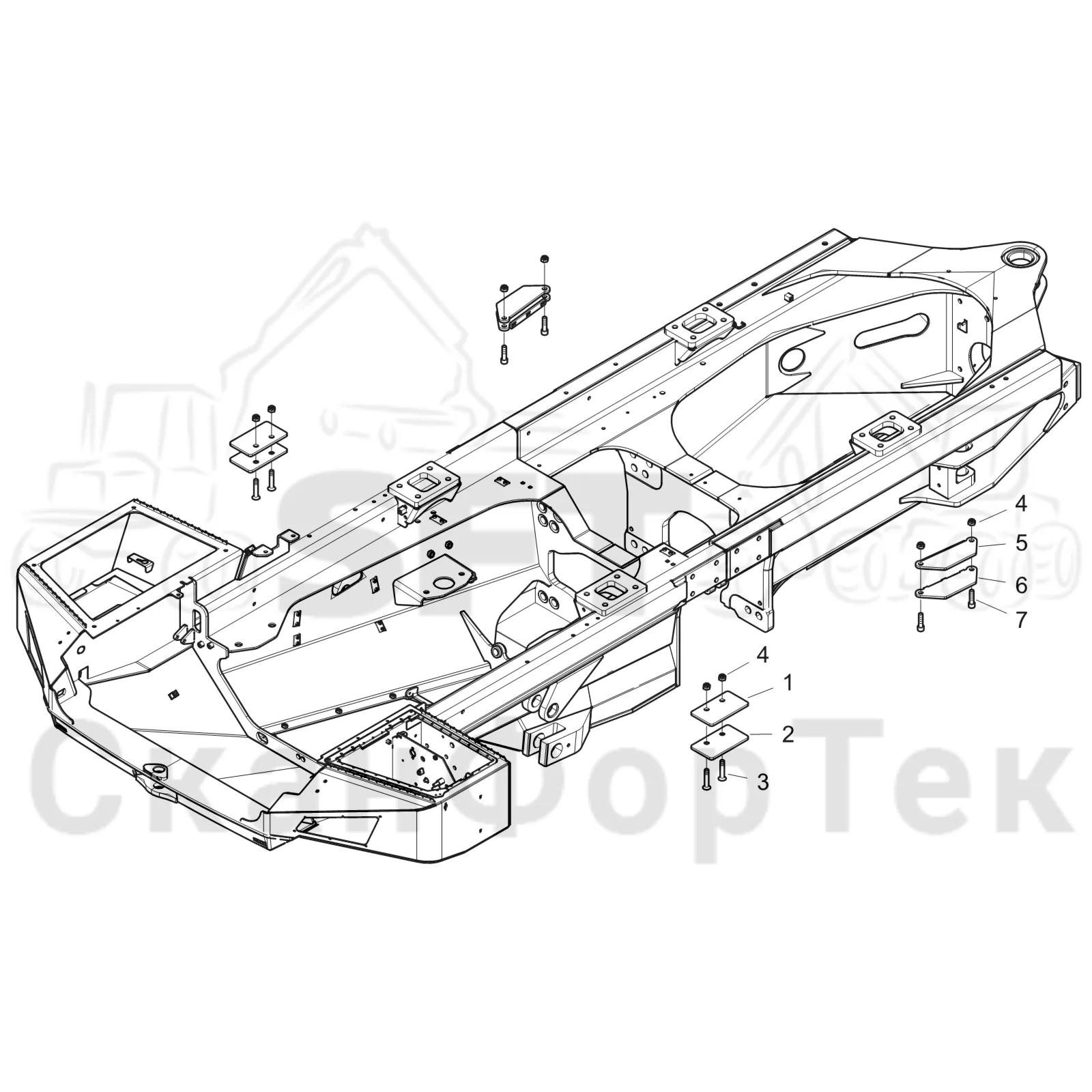 Схема: Komatsu / Форвардер / 895 S/N 8950011010- / Каталог запасных частей / шасси / Рамы / Рама, передняя / Стопор