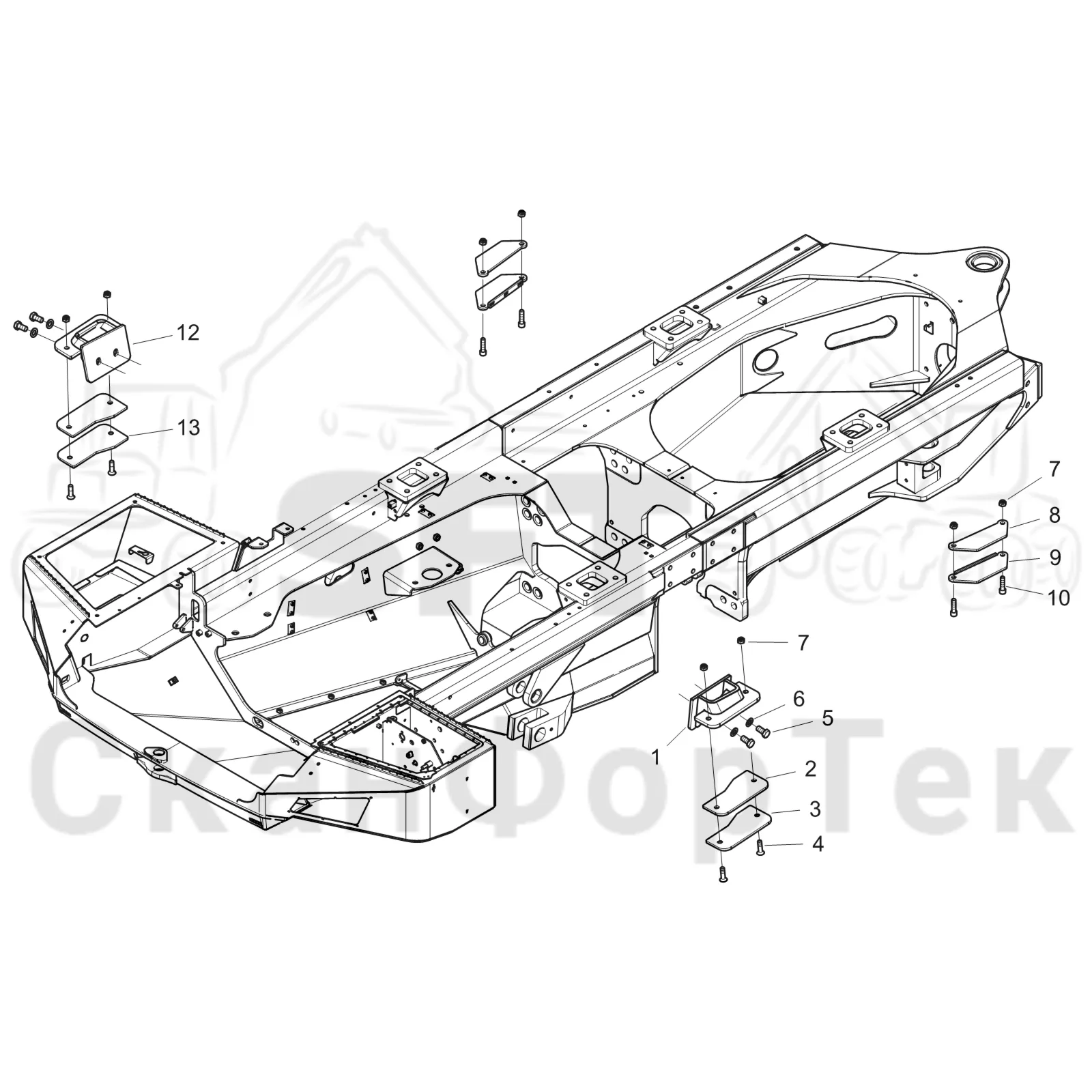 Схема: Komatsu / Форвардер / 895 S/N 8950011010- / Каталог запасных частей / шасси / Рамы / Рама, передняя / Стопор