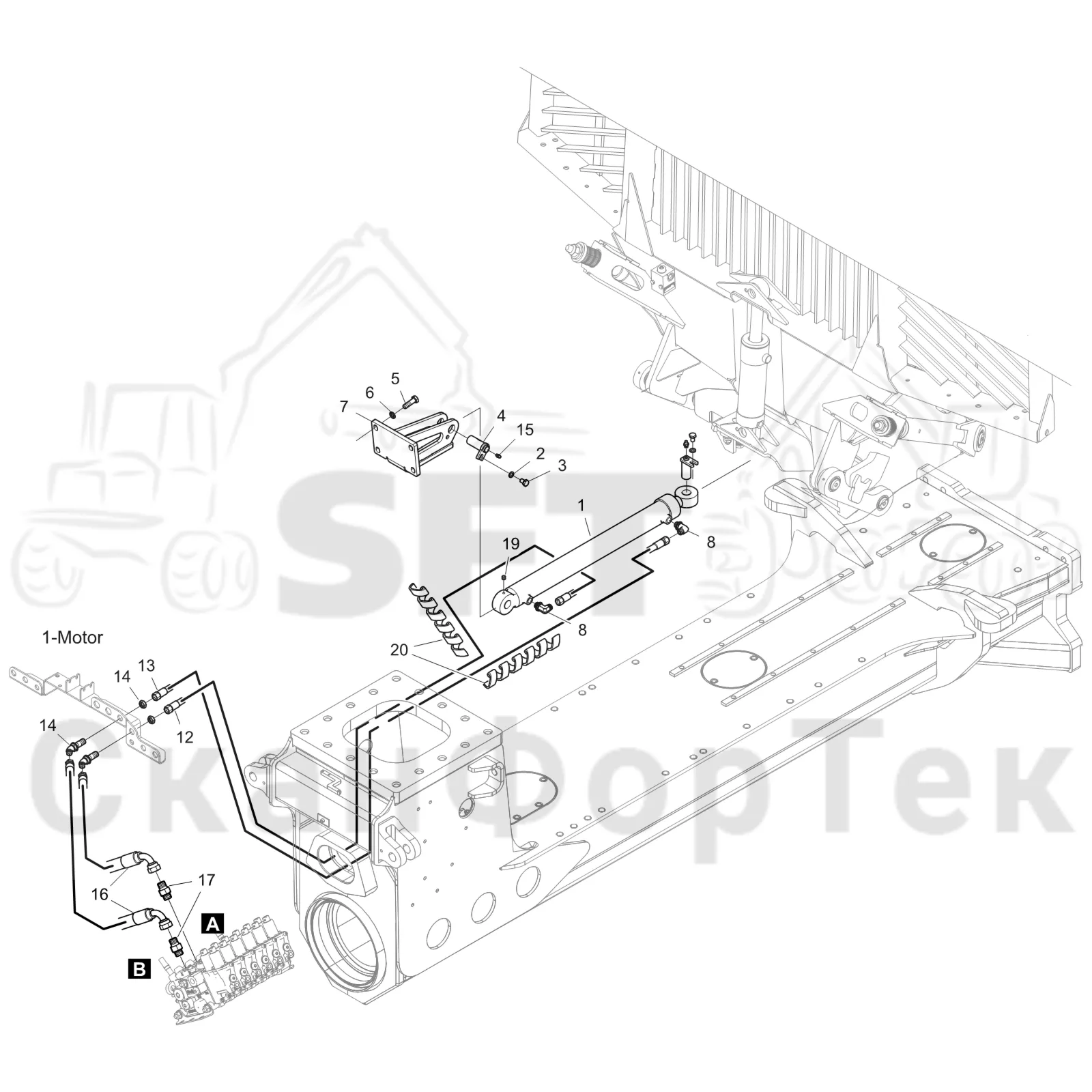 Схема: Komatsu / Форвардер / 895 S/N 8950011010- / Каталог запасных частей / шасси / Зона погрузки / Gate hydraulic movable / Gate movable hydraulics