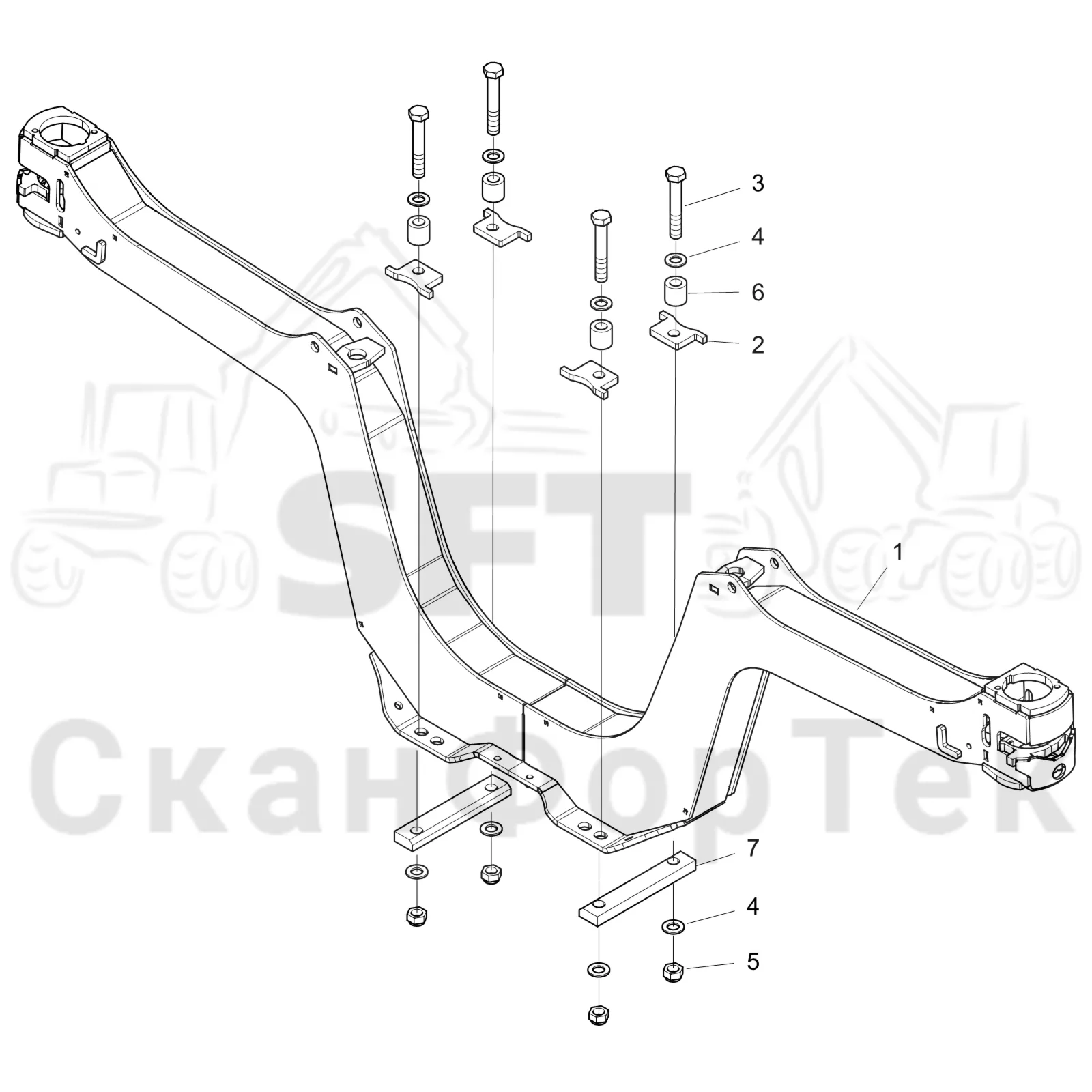 Схема: Komatsu / Форвардер / 895 S/N 8950011010- / Каталог запасных частей / шасси / Зона погрузки / Коники и опоры / Коник