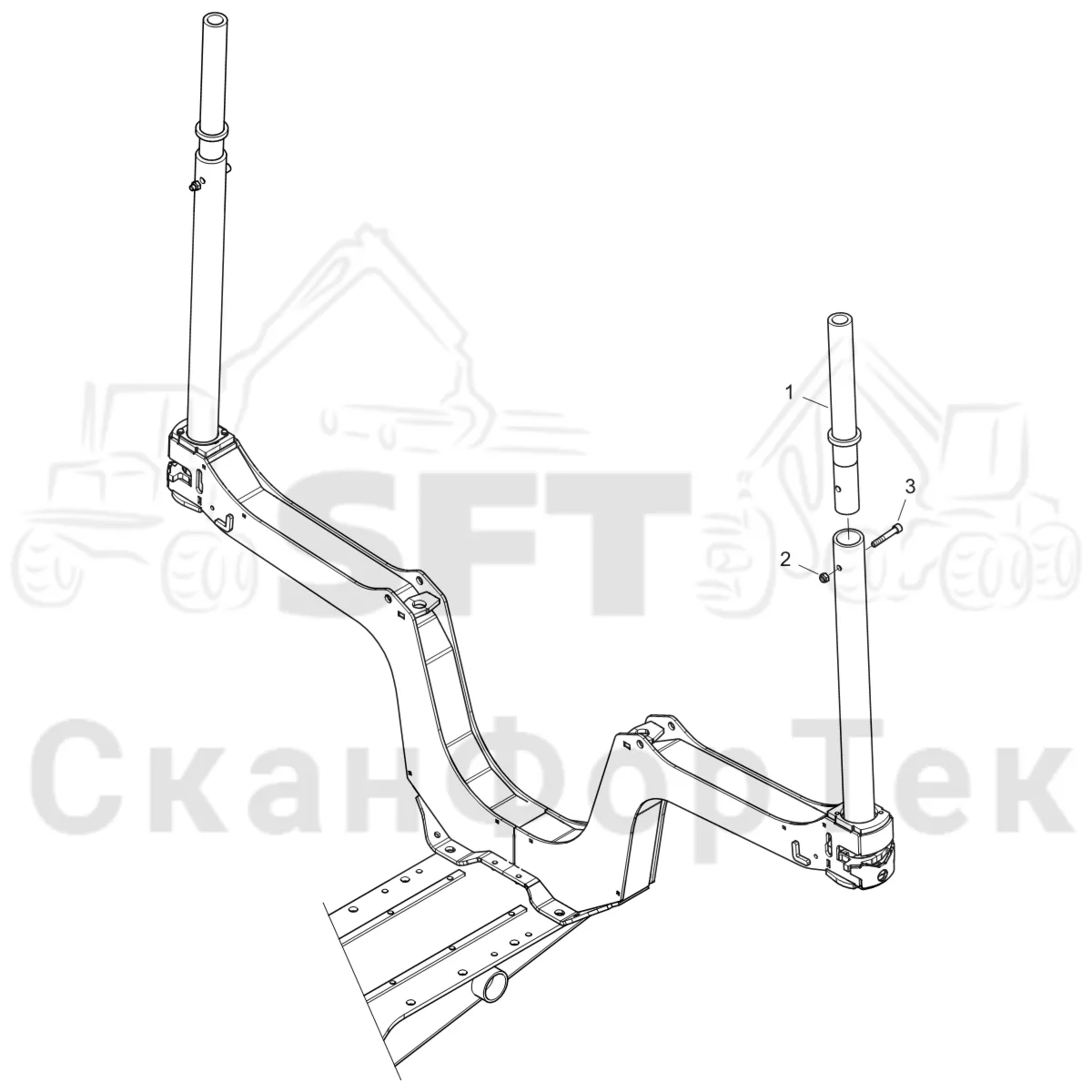 Схема: Komatsu / Форвардер / 895 S/N 8950011010- / Каталог запасных частей / шасси / Зона погрузки / Коники и опоры / Опора
