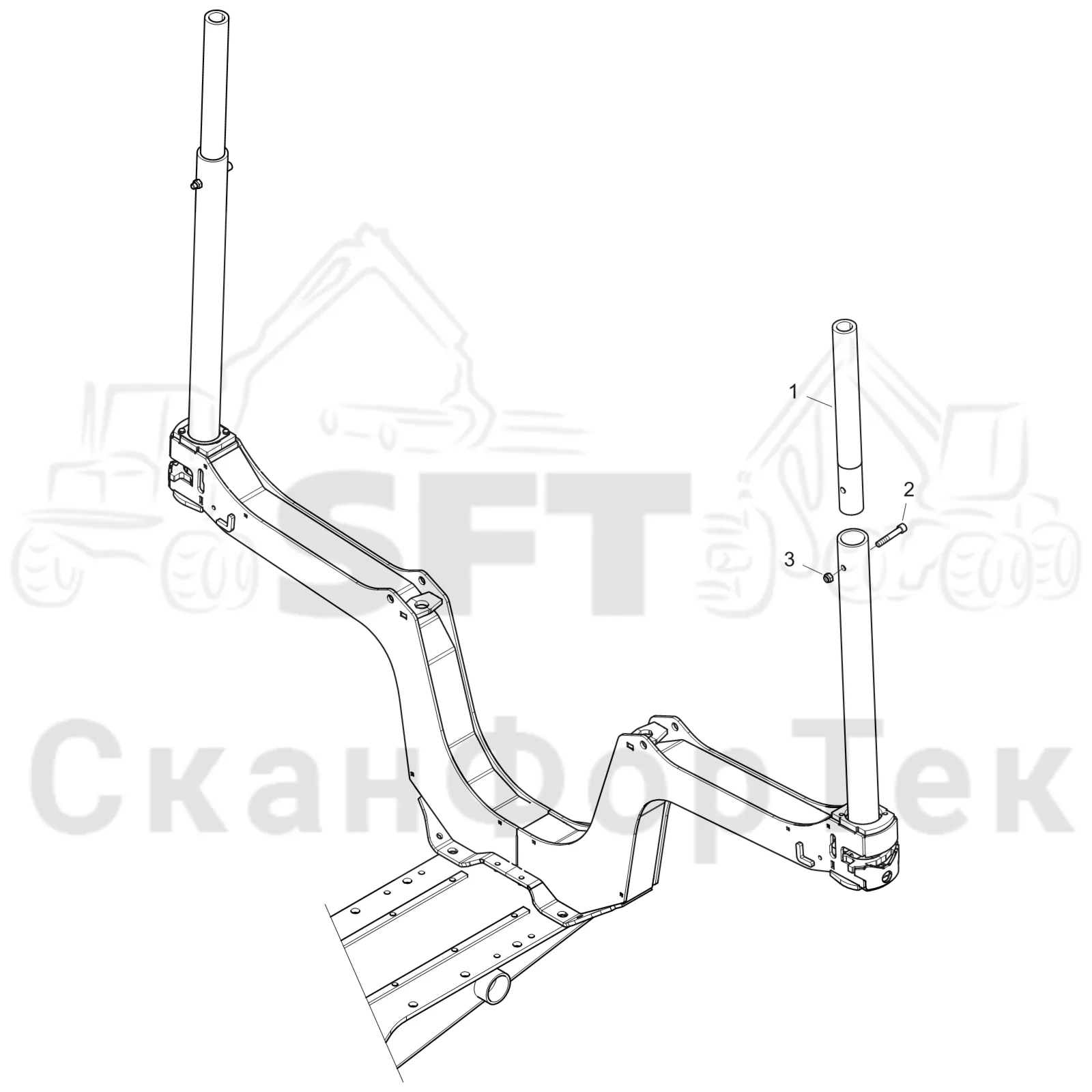 Схема: Komatsu / Форвардер / 895 S/N 8950011010- / Каталог запасных частей / шасси / Зона погрузки / Коники и опоры / Опора