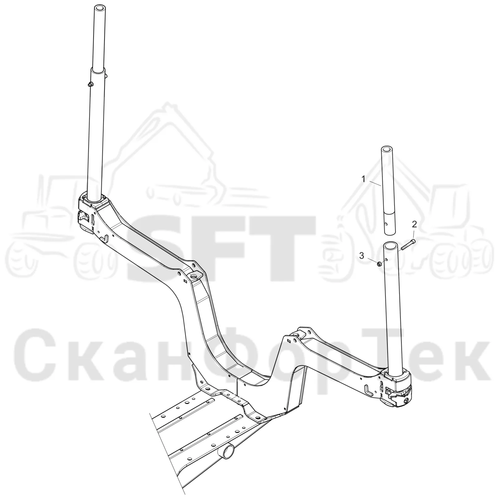 Схема: Komatsu / Форвардер / 875 S/N 8750000010- / Каталог запасных частей / шасси / Зона погрузки / Коники и опоры / Опора / Опора