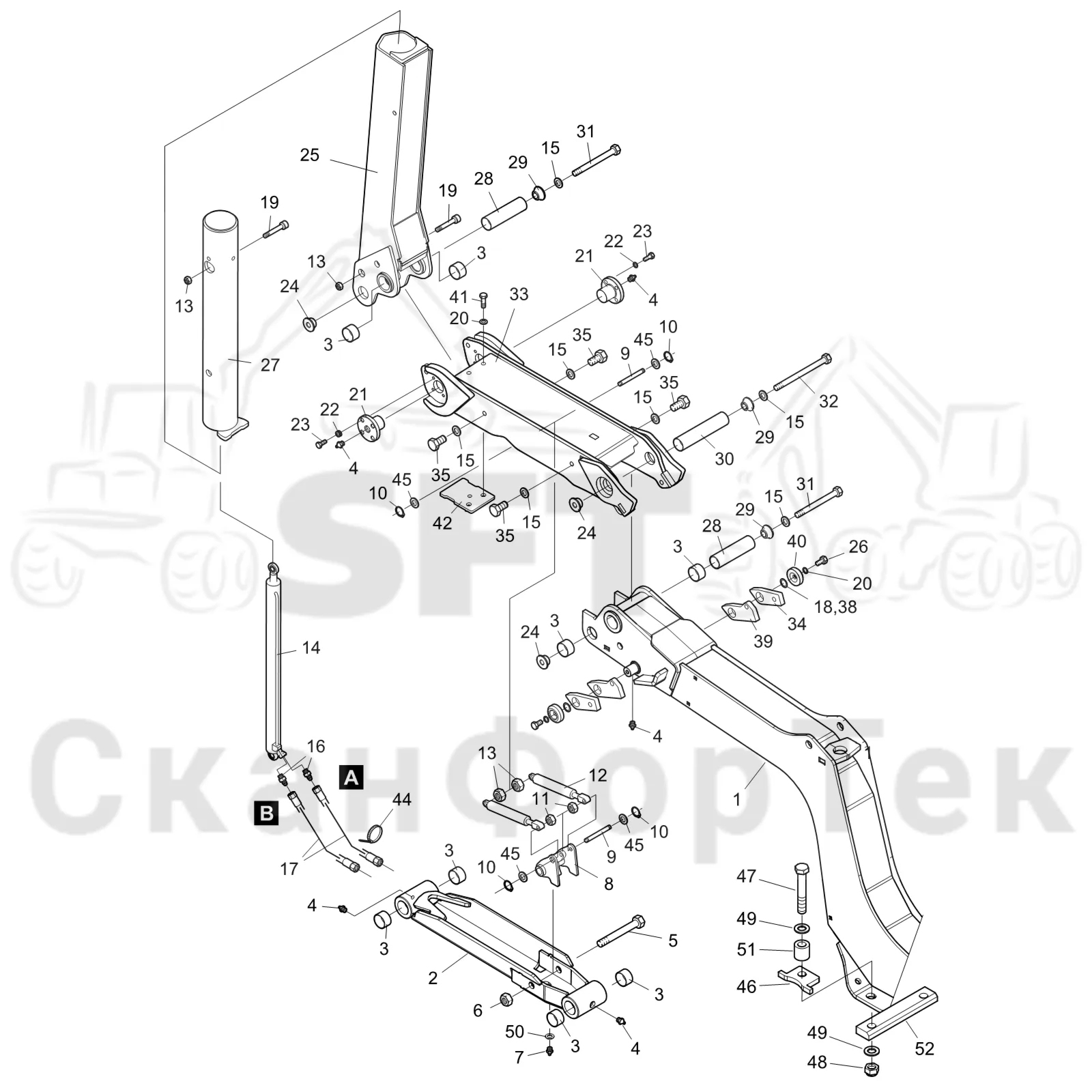 Схема: Komatsu / Форвардер / 895 S/N 8950011010- / Каталог запасных частей / шасси / Зона погрузки / Коники и опоры / Коники LoadFlex