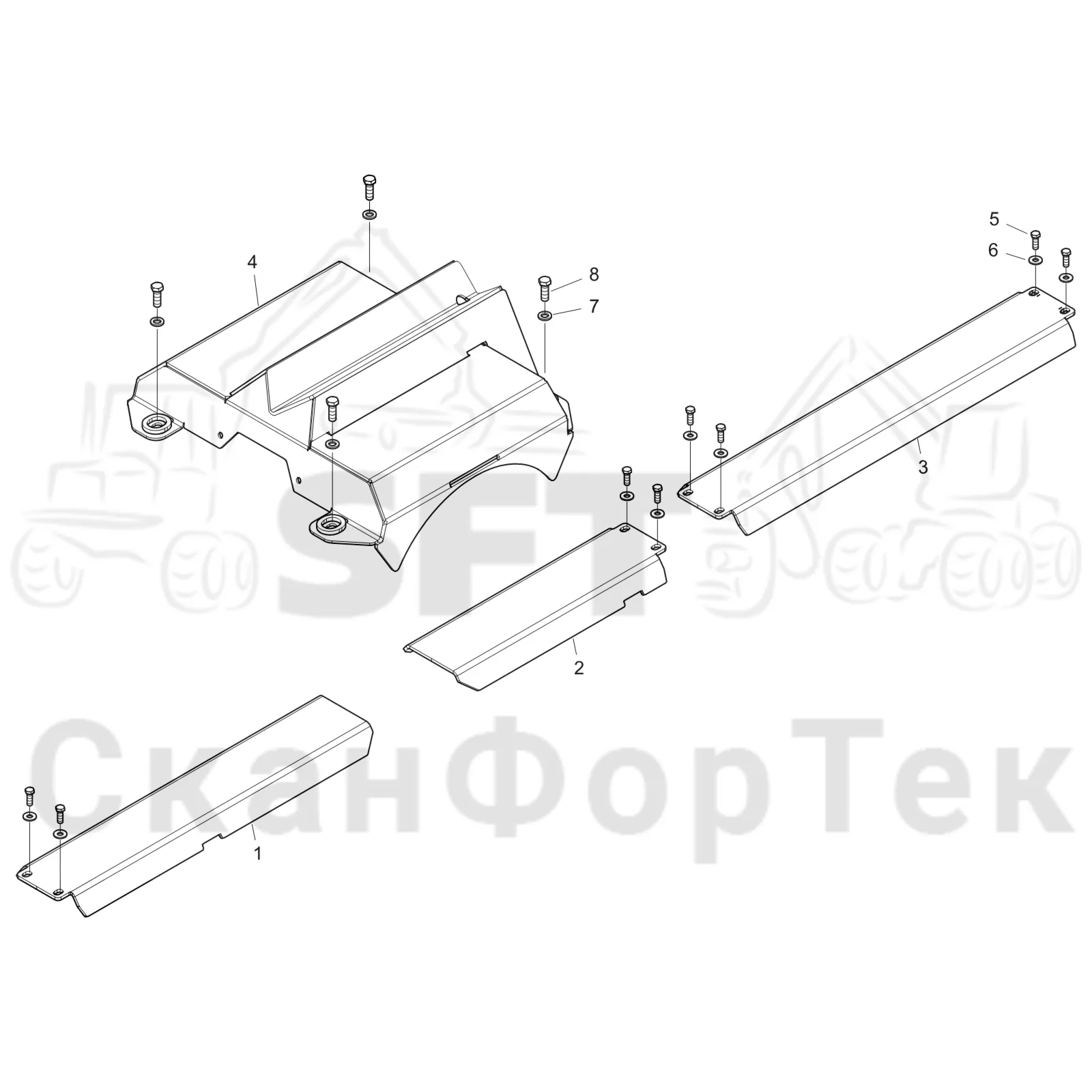 Схема: Komatsu / Форвардер / 895 S/N 8950011010- / Каталог запасных частей / шасси / Зона погрузки / Опора подъемного крана с полным приводом и защитный / Опора подъемного крана с полным приводом и защитный