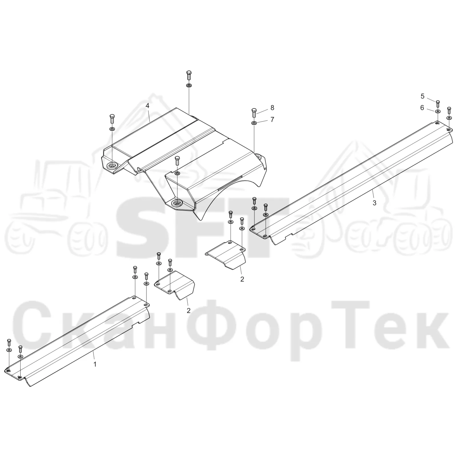Схема: Komatsu / Форвардер / 895 S/N 8950011010- / Каталог запасных частей / шасси / Зона погрузки / Опора подъемного крана с полным приводом и защитный / Опора подъемного крана с полным приводом и защитный