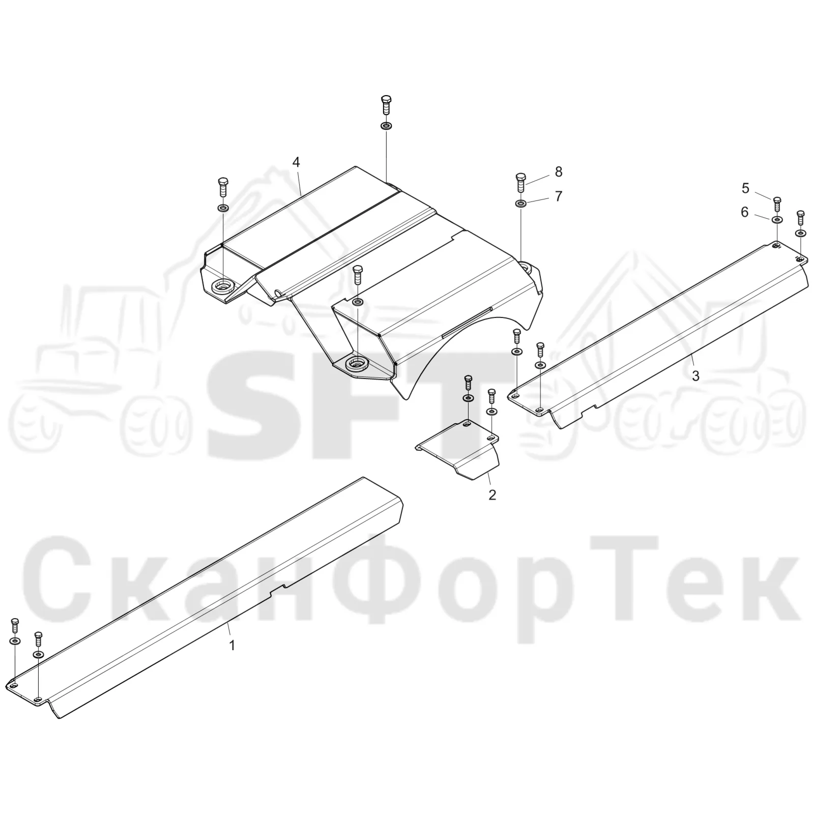 Схема: Komatsu / Форвардер / 895 S/N 8950011010- / Каталог запасных частей / шасси / Зона погрузки / Опора подъемного крана с полным приводом и защитный / Опора подъемного крана с полным приводом и защитный