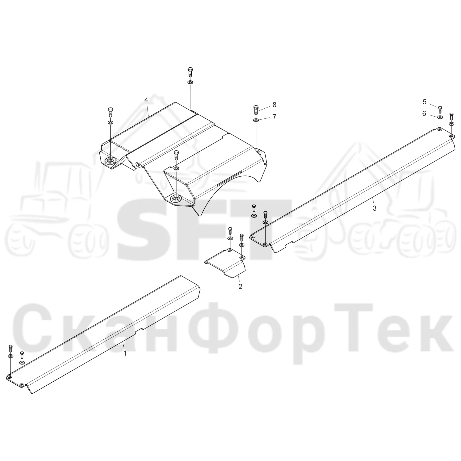 Схема: Komatsu / Форвардер / 895 S/N 8950011010- / Каталог запасных частей / шасси / Зона погрузки / Опора подъемного крана с полным приводом и защитный / Опора подъемного крана с полным приводом и защитный