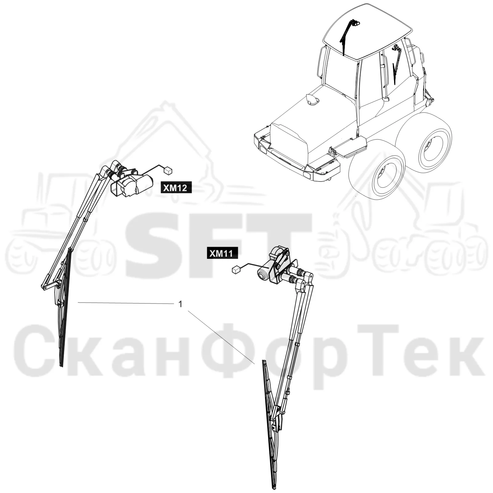 Схема: Komatsu / Форвардер / 895 S/N 8950011010- / Каталог запасных частей / Кабина / Рабочие лампы и стеклоочиститель / Стеклоочиститель / Движок