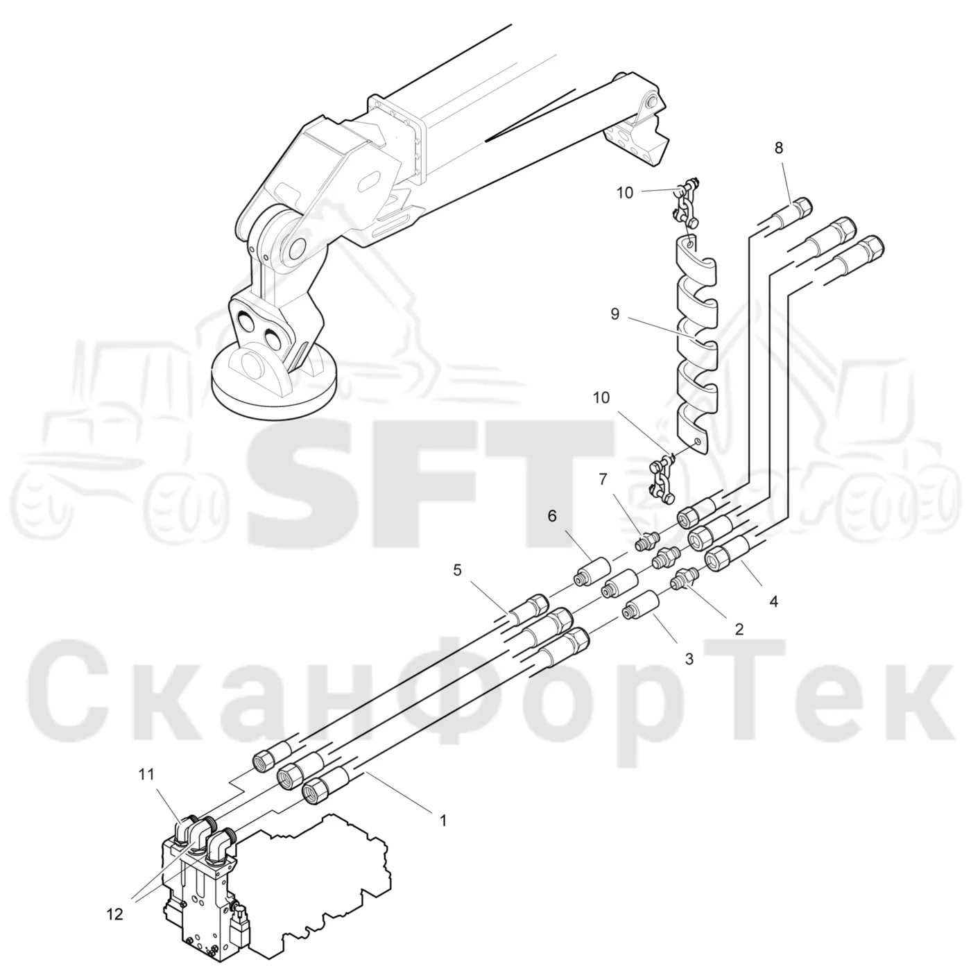 Схема: Komatsu / Головки лесозаготовительной машины / 300 Головки лесозаготовительной машины / 350.1 / Каталог запасных частей / Поворотные устройства и звенья / Подъемный кран и головка / Гидравлическое оборудование головки подъемного крана CRH / Гидравлическое оборудование головки подъемного крана CRH ORFS