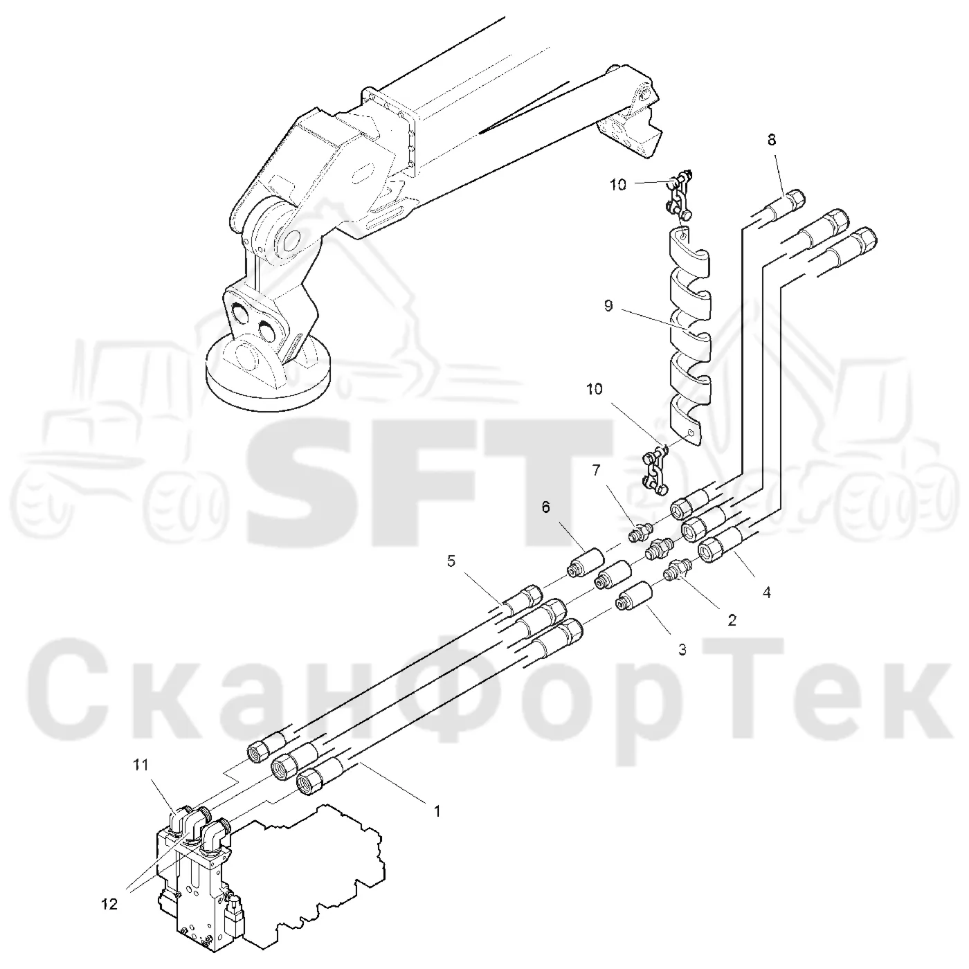 Схема: Komatsu / Головки лесозаготовительной машины / 300 Головки лесозаготовительной машины / 350.1 / Каталог запасных частей / Поворотные устройства и звенья / Подъемный кран и головка / Гидравлическое оборудование головки подъемного крана CRH / Гидравлическое оборудование головки подъемного крана CRH ORFS Габота с несколькими деЂевьями
