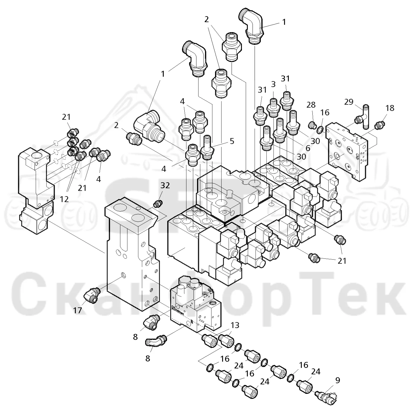 Схема: Valmet / Лесозаготовительные машины / Valmet 901.3 / Valmet 901.3 Ch. 311191- / Valmet 901.3 Ch. 311191- / Каталог запасных частей / Лесозаготовительное оборудование / Головка лесозаготовительной машины / Valmet 350.1 / Каталог запасных частей / Гидравлический клапан / Узел клапана / Узел клапана 111321-