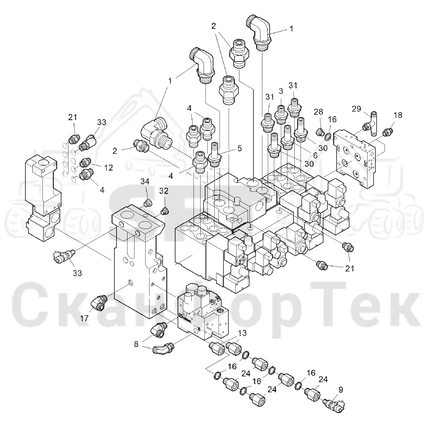 Схема: Komatsu / Лесозаготовительные машины / 901TX .1 / Каталог запасных частей / Лесозаготовительное оборудование / Головка лесозаготовительной машины / 350.1 / Каталог запасных частей / Гидравлический клапан / Гидравлический клапан 3500011991- / Узел клапана / Узел клапана