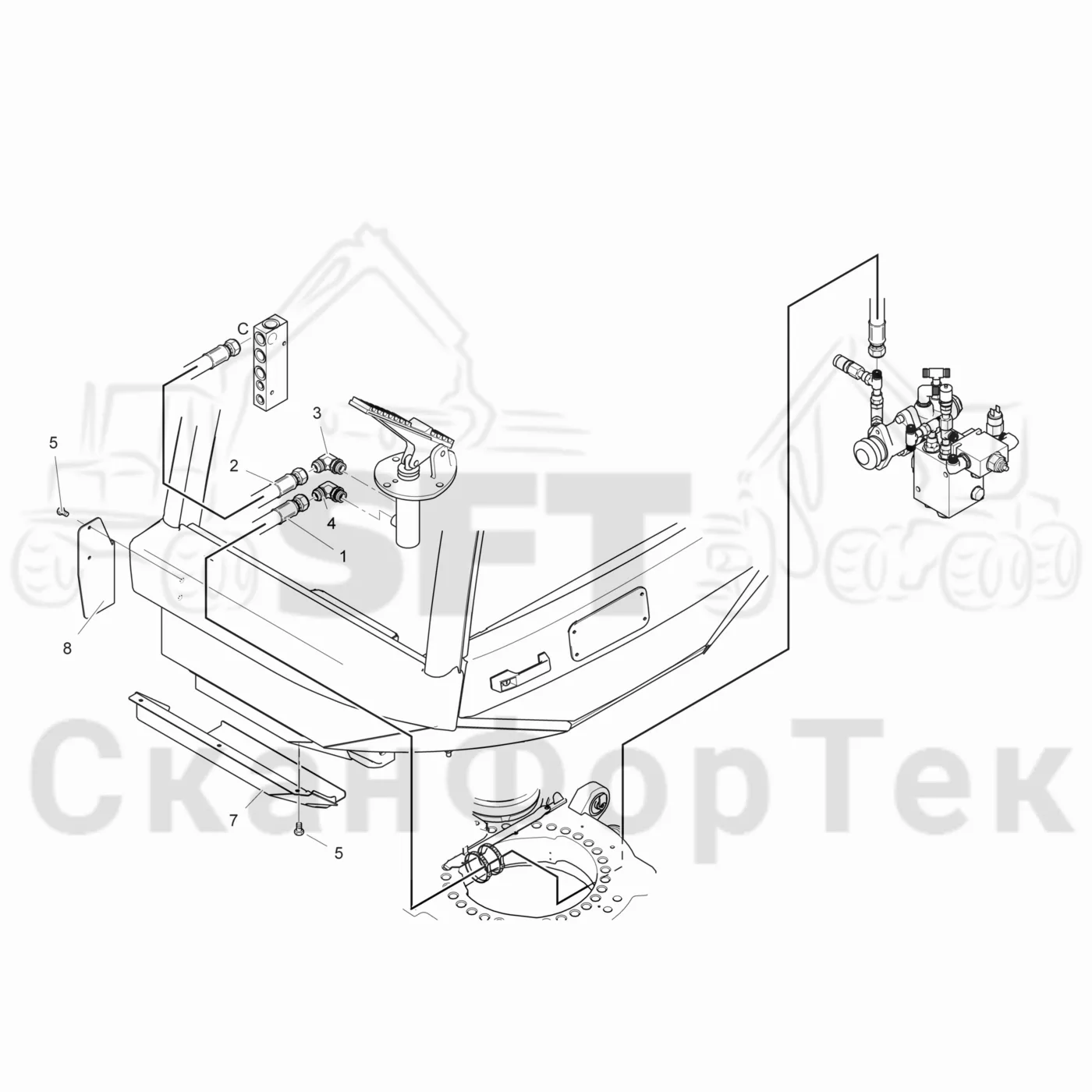 Схема: Komatsu / Лесозаготовительные машины / 911.5 / Каталог запасных частей / Тормоза / Тормоза на 6 колес / Гидравлический привод тормозного клапана