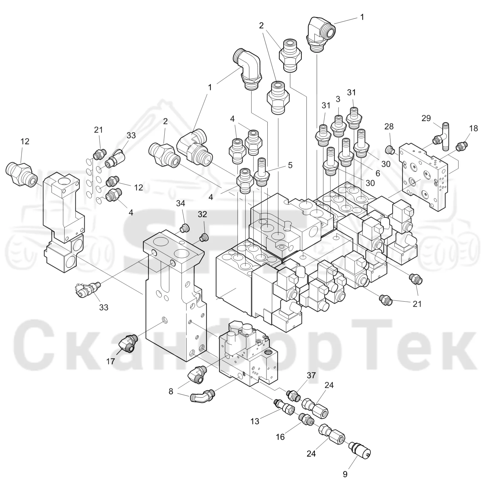 Схема: Komatsu / Лесозаготовительные машины / 901TX .1 / Каталог запасных частей / Лесозаготовительное оборудование / Головка лесозаготовительной машины / 350.1 / Каталог запасных частей / Гидравлический клапан / Гидравлический клапан 3500011991- / Узел клапана / Узел клапана 3500011991-