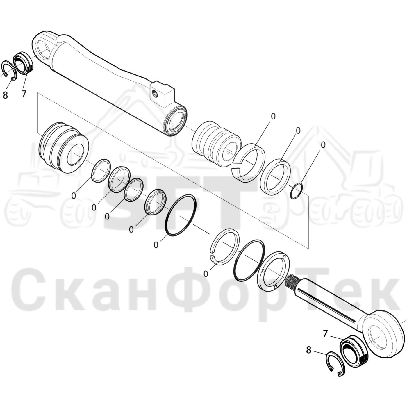 Схема: Komatsu / Лесозаготовительные машины / 911 S/N 9110062167- / Каталог запасных частей / Лесозаготовительное оборудование / Головка лесозаготовительной машины / 370.2 / Каталог запасных частей / Подача / Гидравлическое оборудование открывания и закрывания подающих роликов / Гидравлика открывания и закрывания роликов подачи / Запасные части цилиндра