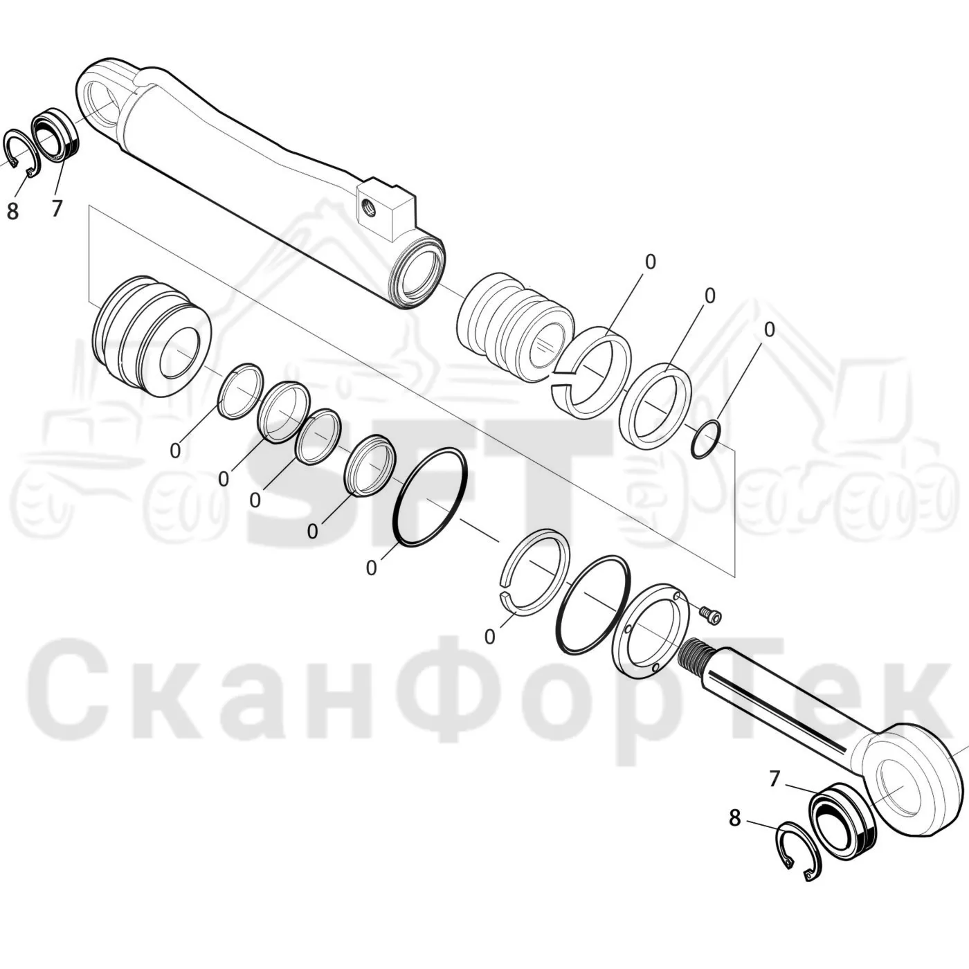 Схема: Komatsu / Лесозаготовительные машины / 931XC S/N 9313021208- / Каталог запасных частей / Лесозаготовительное оборудование / Головка лесозаготовительной машины / 370.2 / Каталог запасных частей / Подача / Гидравлическое оборудование открывания и закрывания подающих роликов / Гидравлика открывания и закрывания роликов подачи / Запасные части цилиндра 3700022637-