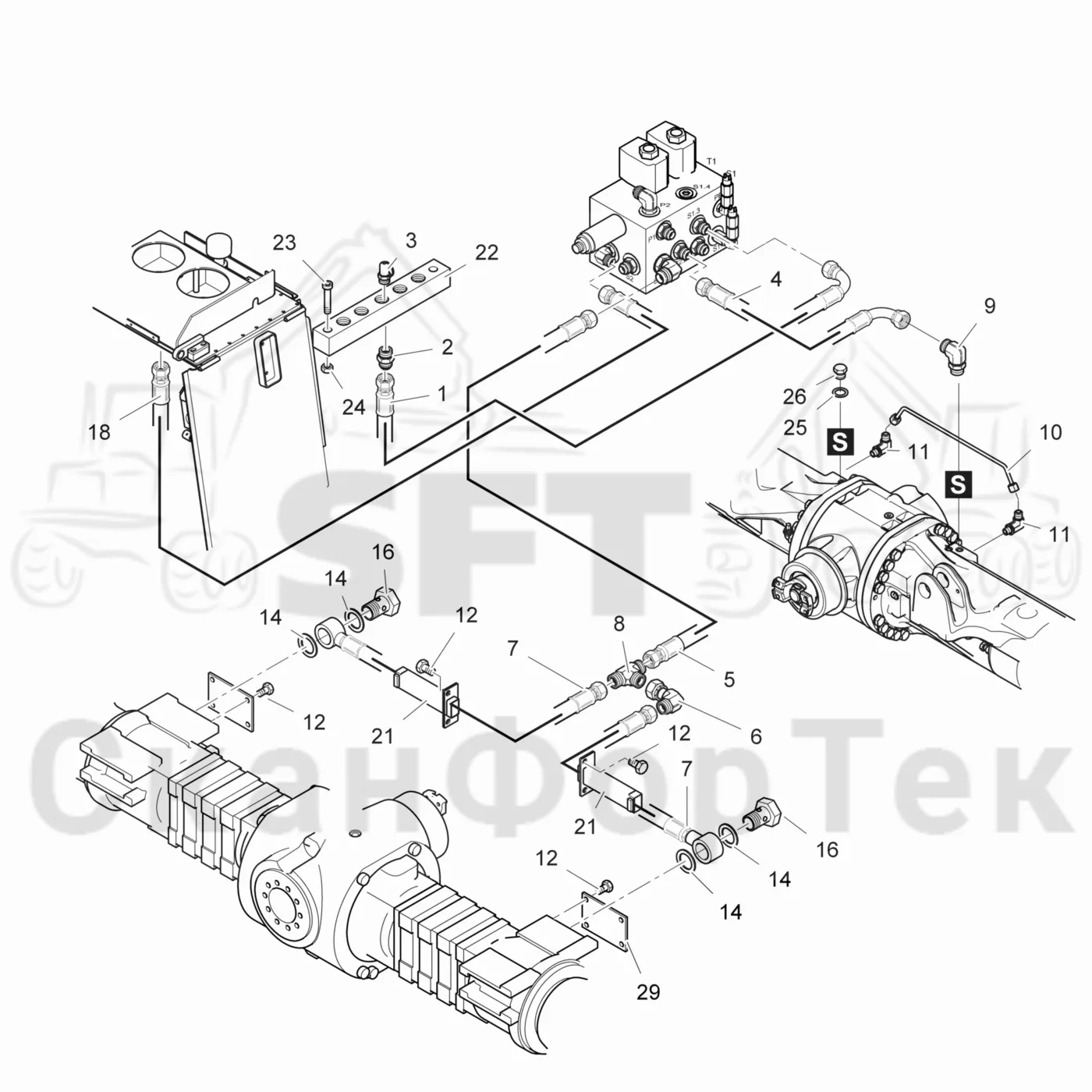 Схема: Komatsu / Лесозаготовительные машины / 911.5 / Каталог запасных частей / Тормоза / Тормоза на 4 колеса / Гидравлический привод тормозов на 4 колеса