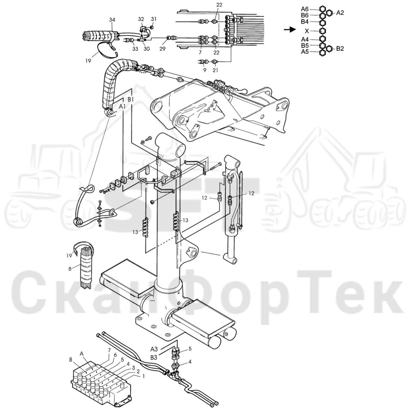 Схема: Valmet / Форвардер / Valmet 830.1 / Valmet 830.1 / Каталог запасных частей / Подъемный кран / Подъемный кран / Valmet CRF 5 Ch. V1001- / Каталог запасных частей / Гидравлическая система подачи / Элементы гидравлической системы / Комплект шланга Combi