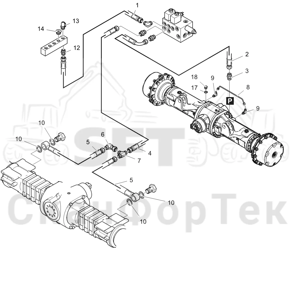 Схема: Komatsu / Лесозаготовительные машины / 901TX .1 / Каталог запасных частей / Тормоза / Тормоза на 4 колеса / Гидравлический стояночный тормоз на 4 колеса