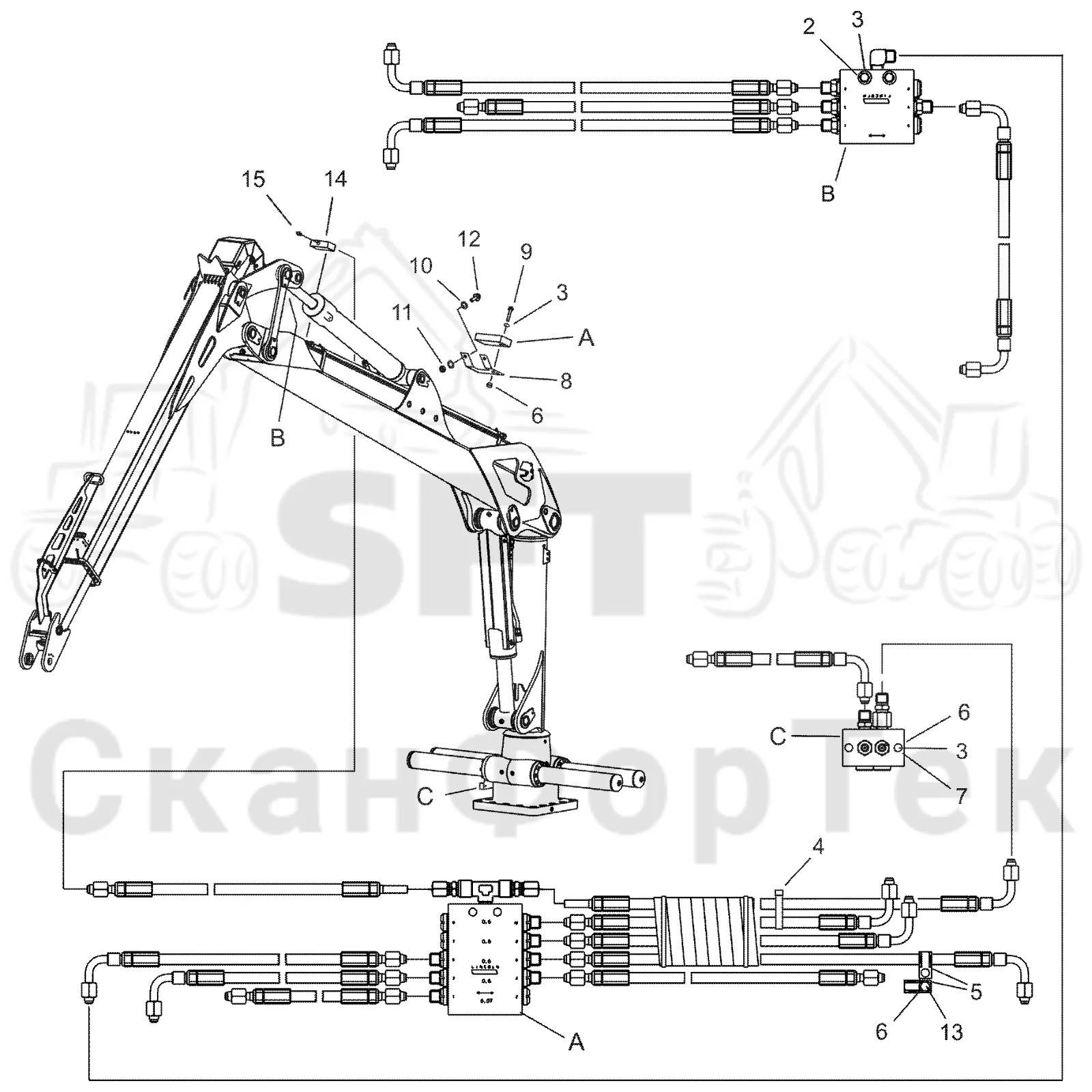 Схема: Komatsu / Форвардер / 830.3 / Каталог запасных частей / Подъемный кран / Подъемный кран / Первая стрела / Оборудование / Центральная смазка