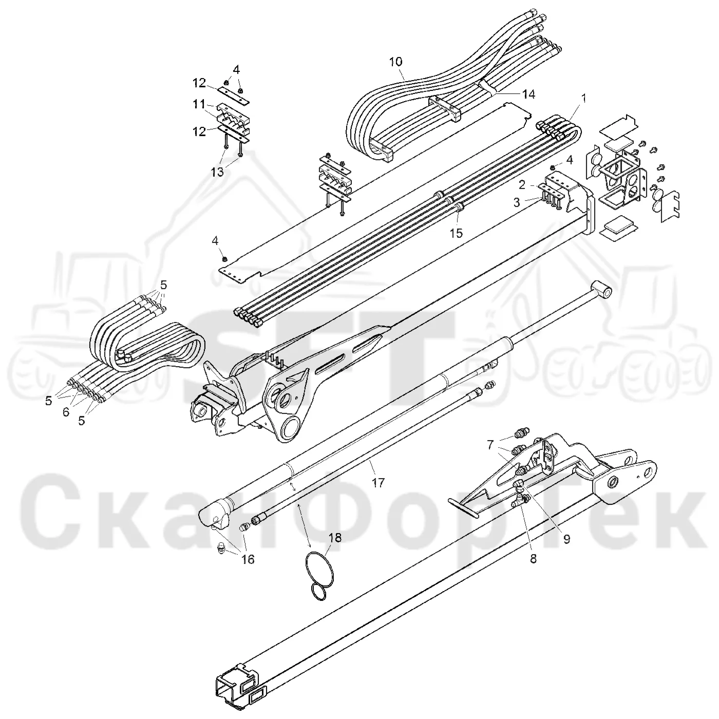 Схема: Komatsu / Форвардер / 830.3 / Каталог запасных частей / Подъемный кран / Подъемный кран / Вторая стрела / Элементы гидравлической системы / Трубы и шланги