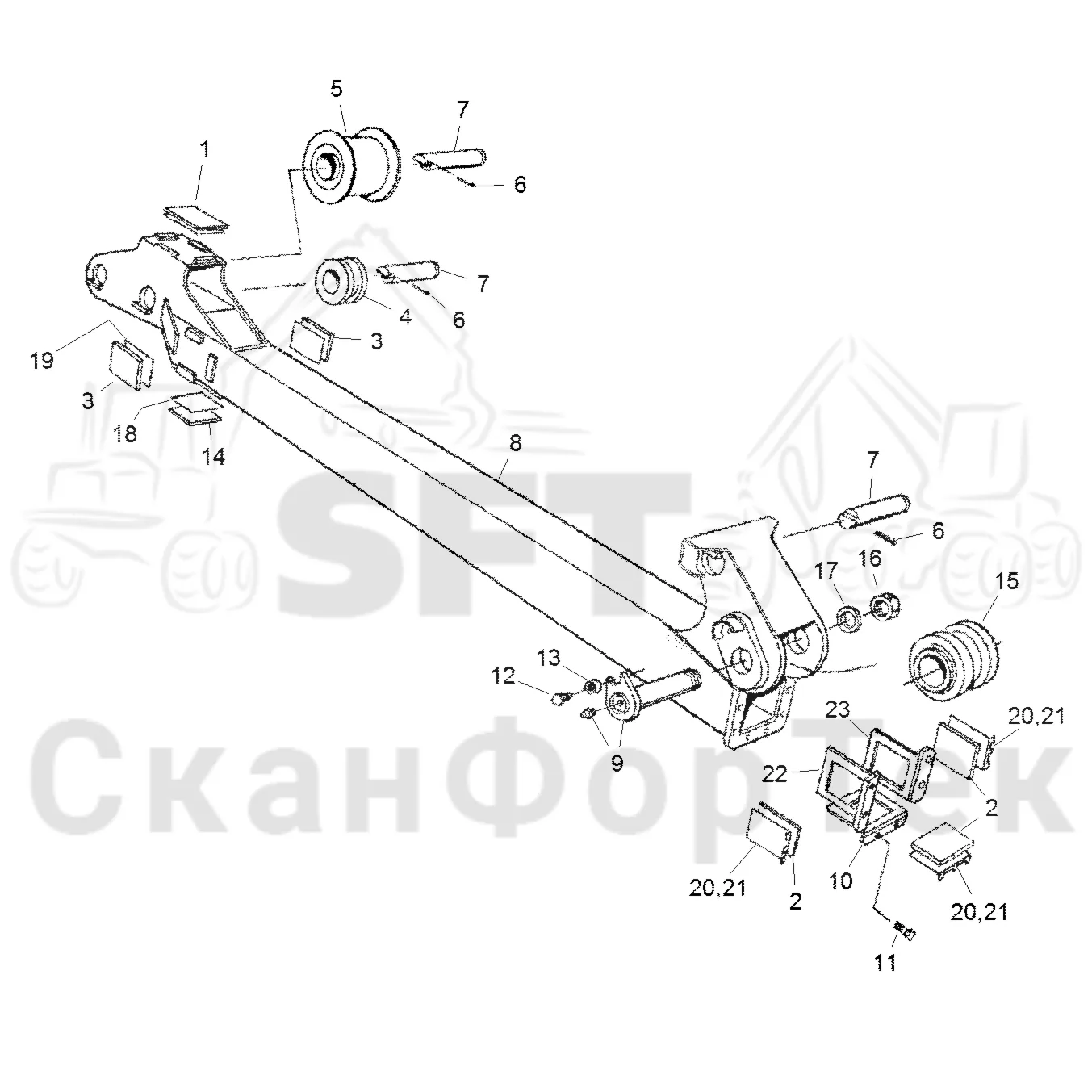 Схема: Komatsu / Форвардер / 830.3 / Каталог запасных частей / Подъемный кран / Подъемный кран / Удлинитель стрелы / Стрела / Средняя страла