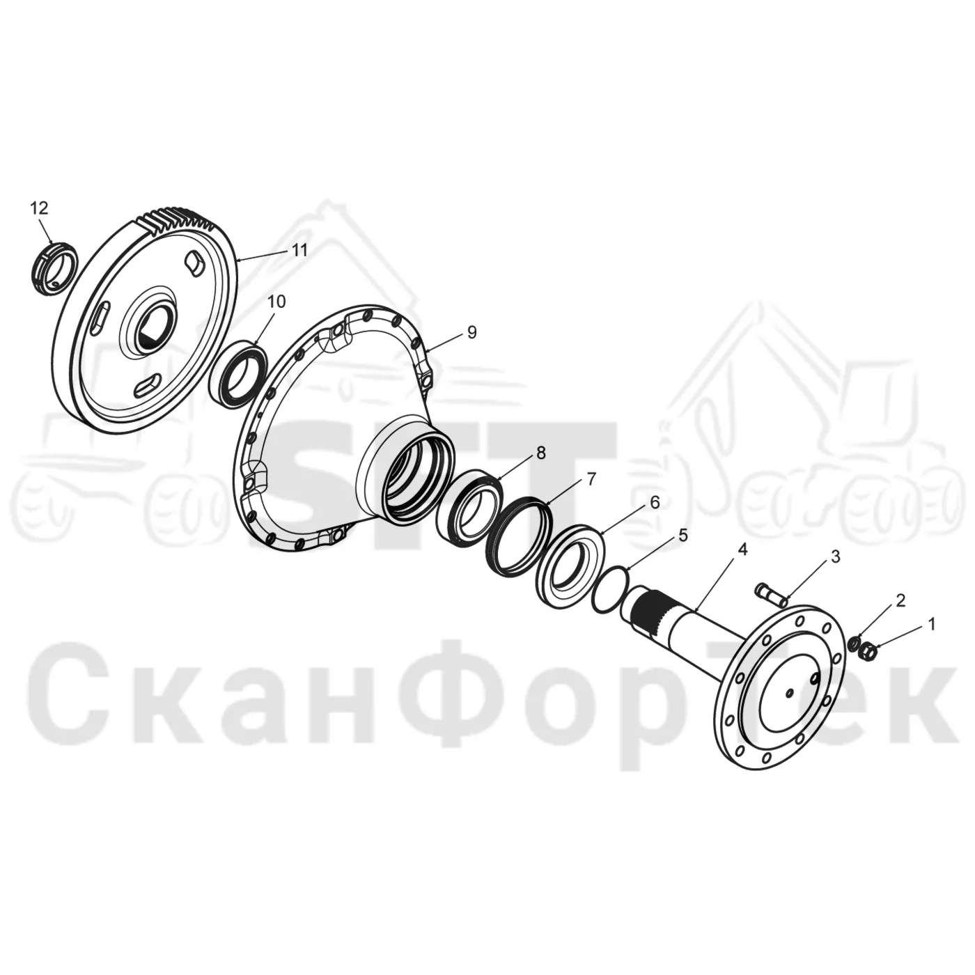 Схема: Komatsu / Форвардер / 890.3 / Каталог запасных частей / Коробка передач / Мост каретки / каретки / Корпус каретки 8900030821- / Ступица колеса