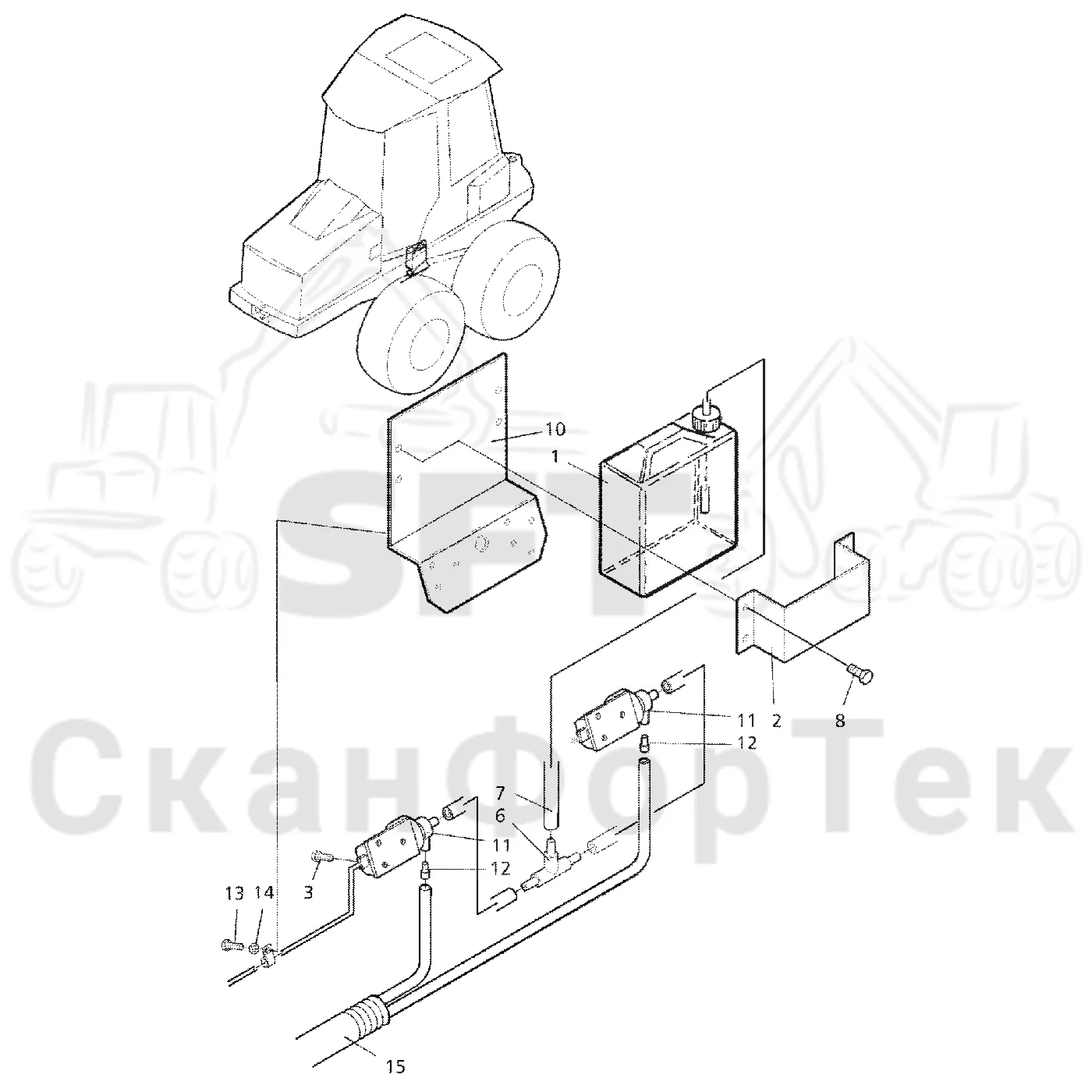 Схема: Komatsu / Форвардер / 890.3 / Каталог запасных частей / Кабина / Рабочие лампы и стеклоочиститель / Рабочие лампы и стеклоочиститель / Стеклоомыватель / Стеклоомыватель