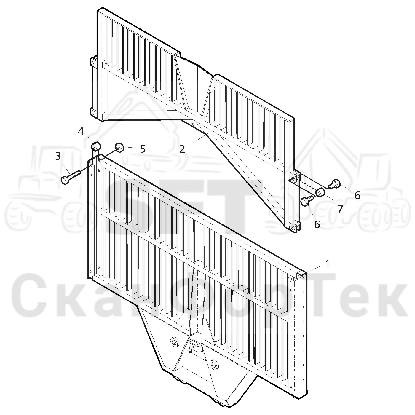 Схема: Valmet / Форвардер / Valmet 840.3 / Valmet 840.3 Ch. -311173 / Valmet 840.3 Ch. -311173 / Каталог запасных частей / шасси / Зона погрузки / Заслонка, фиксированная / Заслонка, фиксированная 311083- / Заслонка