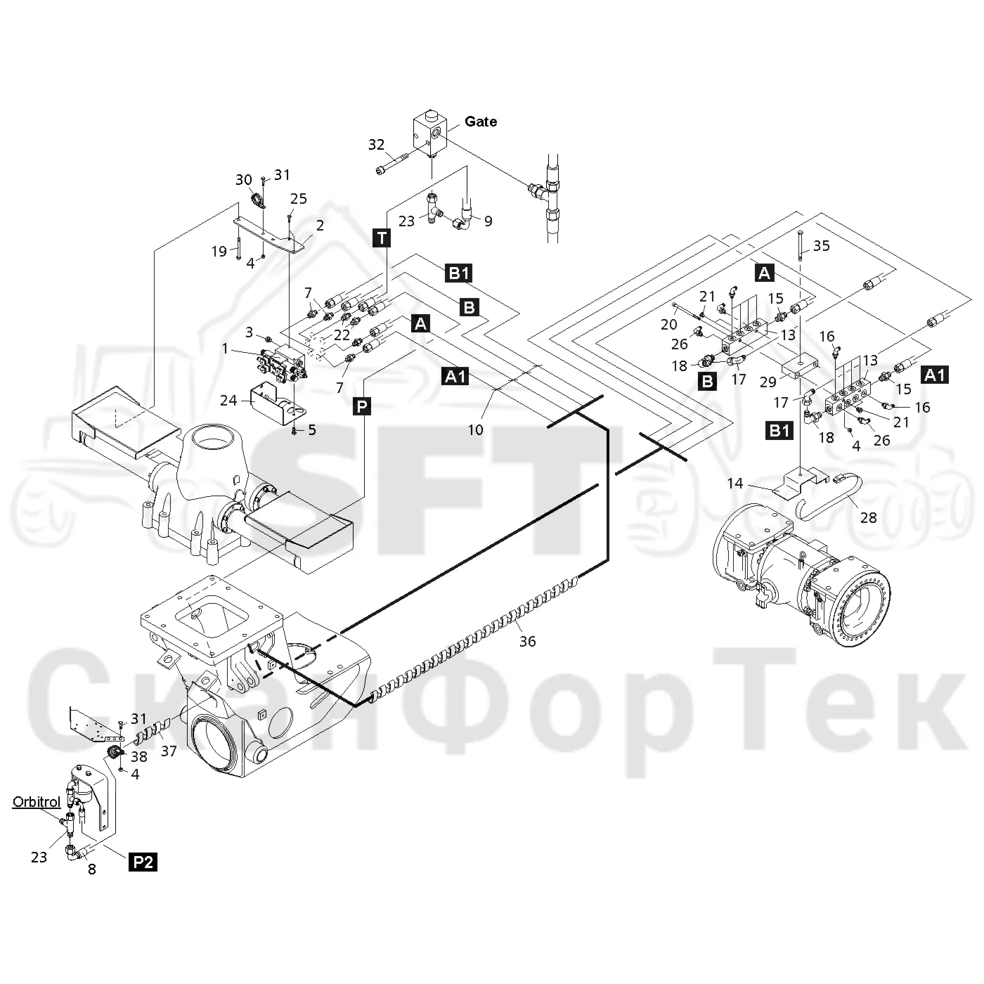 Схема: Komatsu / Форвардер / 860.4 / Каталог запасных частей / шасси / Зона погрузки / Коники и опоры / Опора / Опора Гидравлика