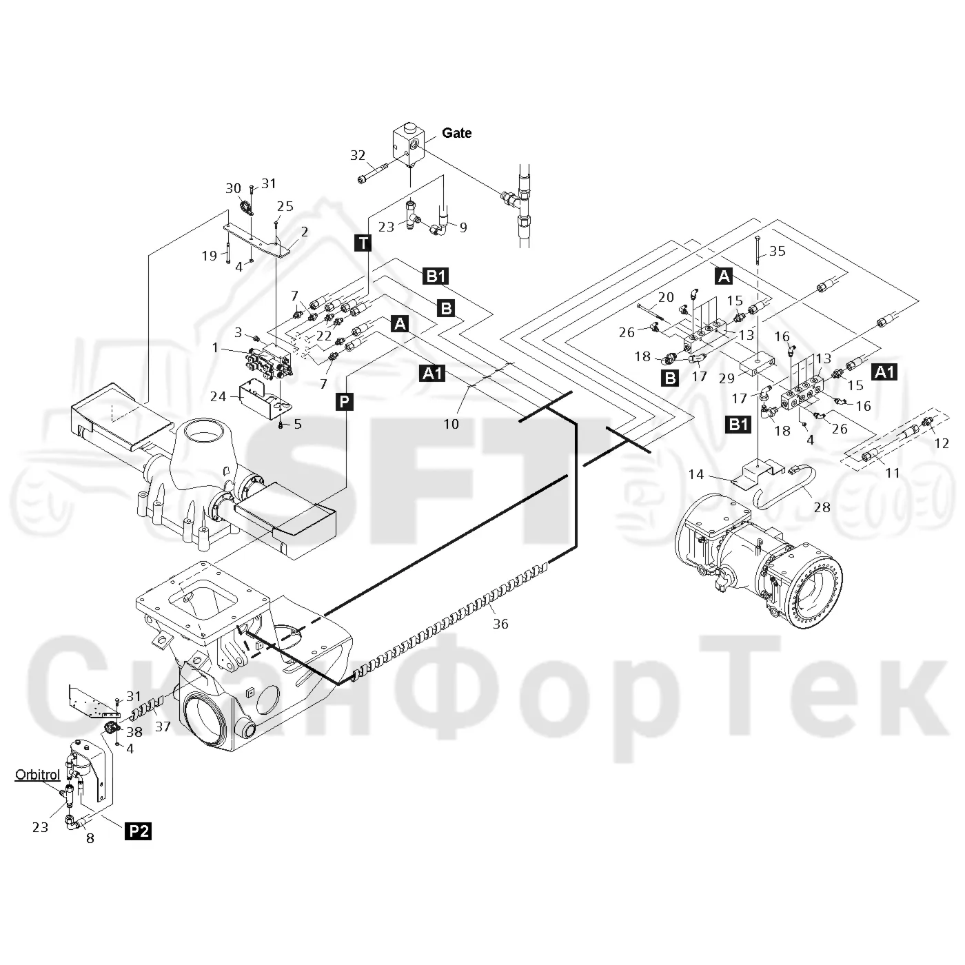 Схема: Komatsu / Форвардер / 860.4 / Каталог запасных частей / шасси / Зона погрузки / Коники и опоры / Опора / Опора Гидравлика