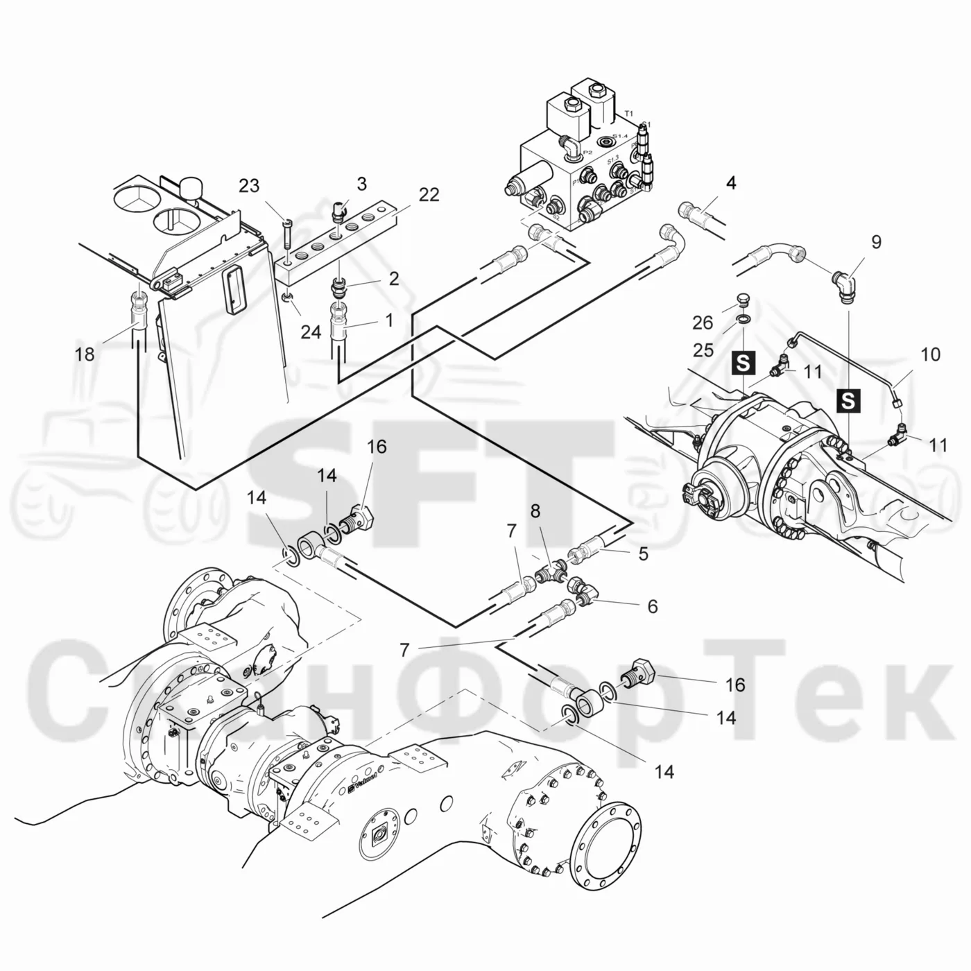 Схема: Komatsu / Лесозаготовительные машины / 901TX .1 / Каталог запасных частей / Тормоза / Тормоза на 4 колеса / Полноприводная тормозная система на 6 колес гидравлика