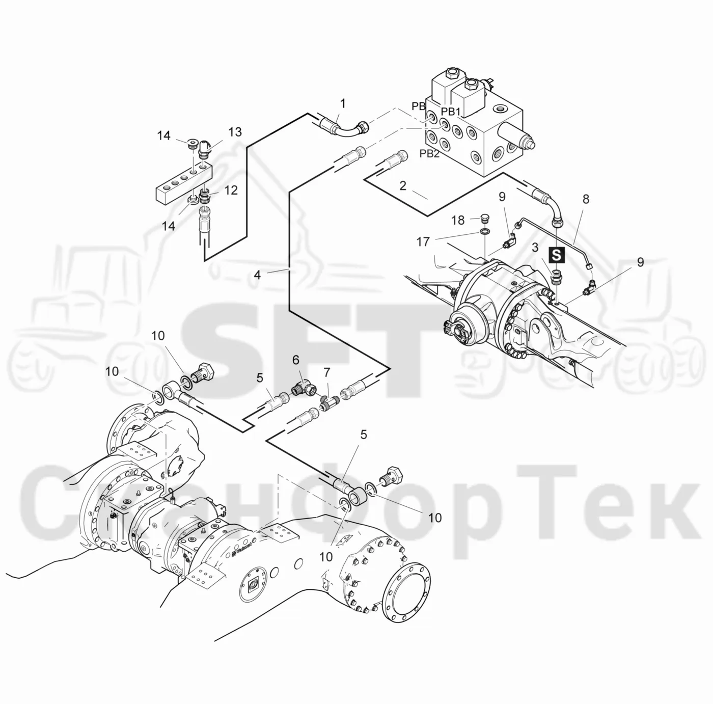 Схема: Komatsu / Лесозаготовительные машины / 901TX .1 / Каталог запасных частей / Тормоза / Тормоза на 4 колеса / Гидравлический стояночный тормоз на 6 колес