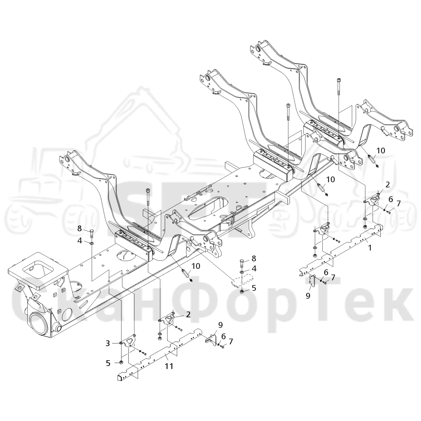 Схема: Valmet / Форвардер / Valmet 840.4 / Valmet 840.4 / Каталог запасных частей / шасси / Зона погрузки / Коники и опоры / Сборочный комплект LoadFlex / Сборочный комплект LoadFlex / Сборочный комплект LoadFlex