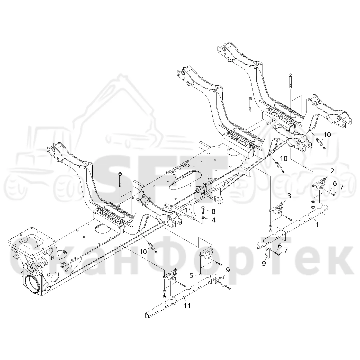 Схема: Valmet / Форвардер / Valmet 840.4 / Valmet 840.4 / Каталог запасных частей / шасси / Зона погрузки / Коники и опоры / Сборочный комплект LoadFlex / Сборочный комплект LoadFlex III / Сборочный комплект LoadFlex III