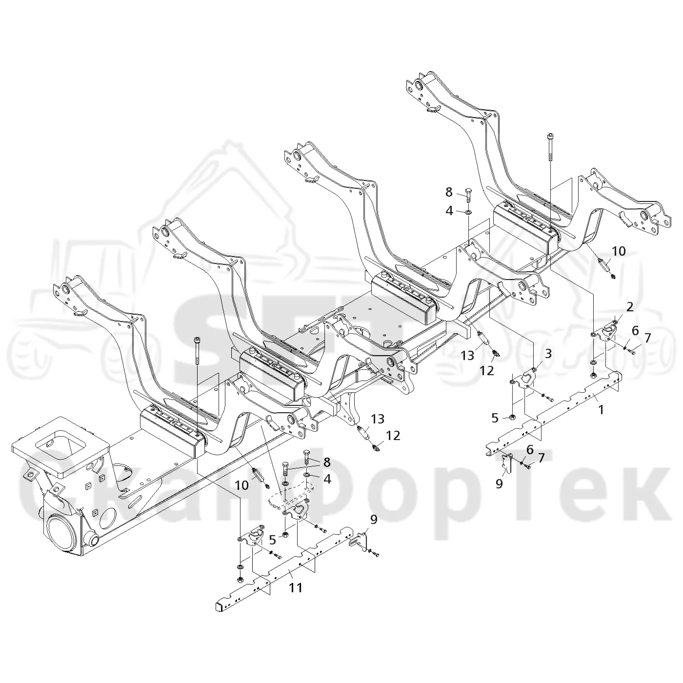 Схема: Komatsu / Форвардер / 860.4 / Каталог запасных частей / шасси / Зона погрузки / Коники и опоры / Сборочный комплект LoadFlex / Сборочный комплект LoadFlex / Сборочный комплект LoadFlex
