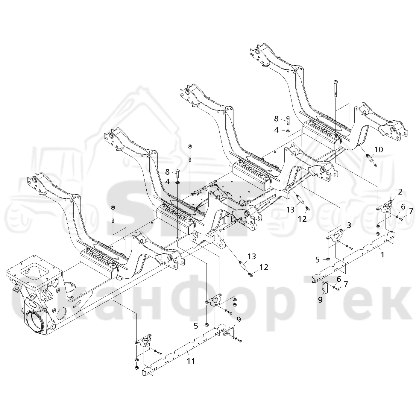 Схема: Komatsu / Форвардер / 865 / Каталог запасных частей / шасси / Зона погрузки / Коники и опоры / Сборочный комплект LoadFlex / Сборочный комплект LoadFlex III