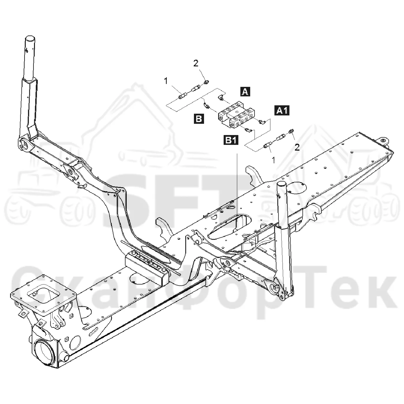 Схема: Komatsu / Форвардер / 855 / Каталог запасных частей / шасси / Зона погрузки / Коники и опоры / Опора Гидравлика / Опора Гидравлика