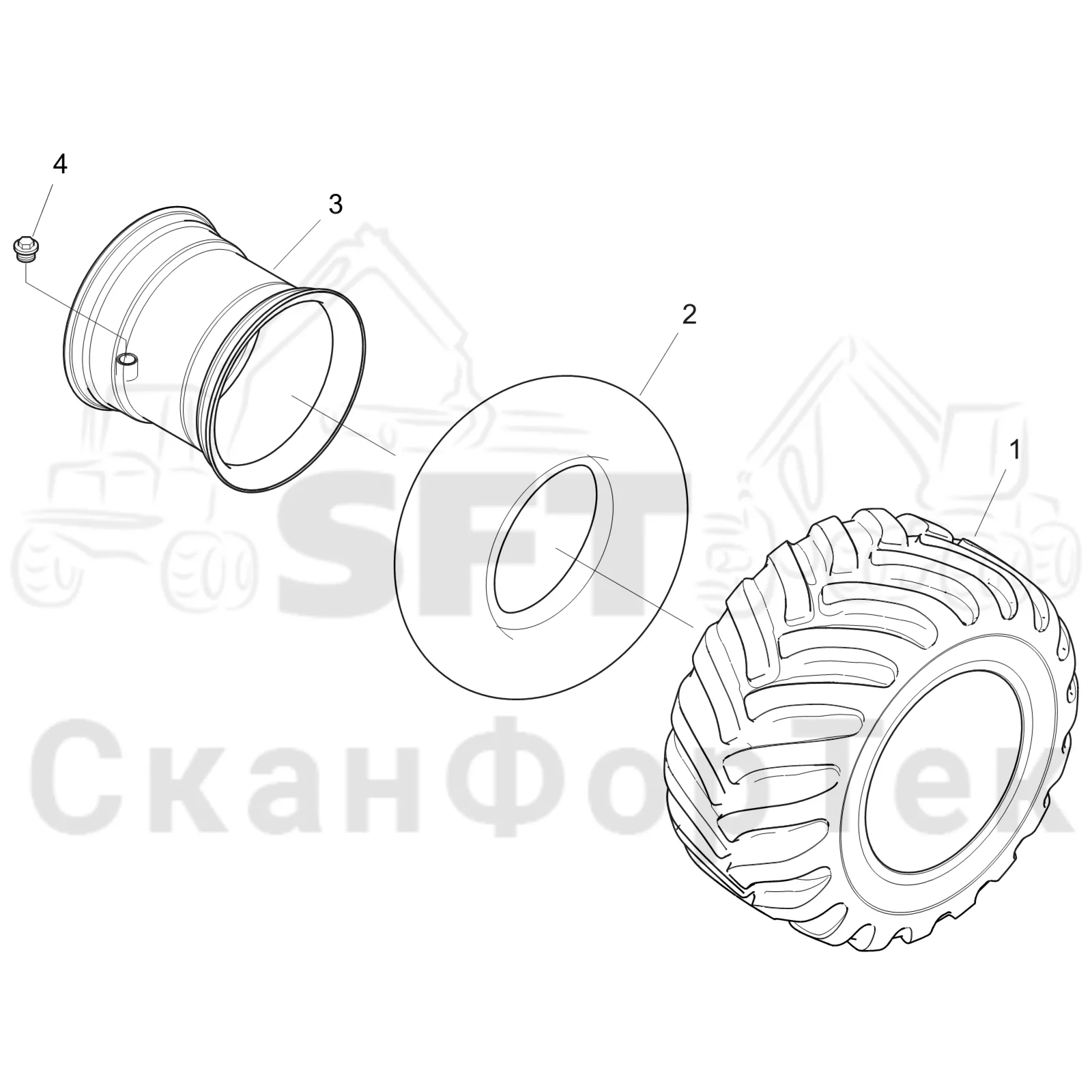 Схема: Komatsu / Форвардер / 855.1 / 855.1 / Каталог запасных частей / Коробка передач / Оборудование шин / колесо Nokian / Nokian, 800/40-26,5 FKF / колесо