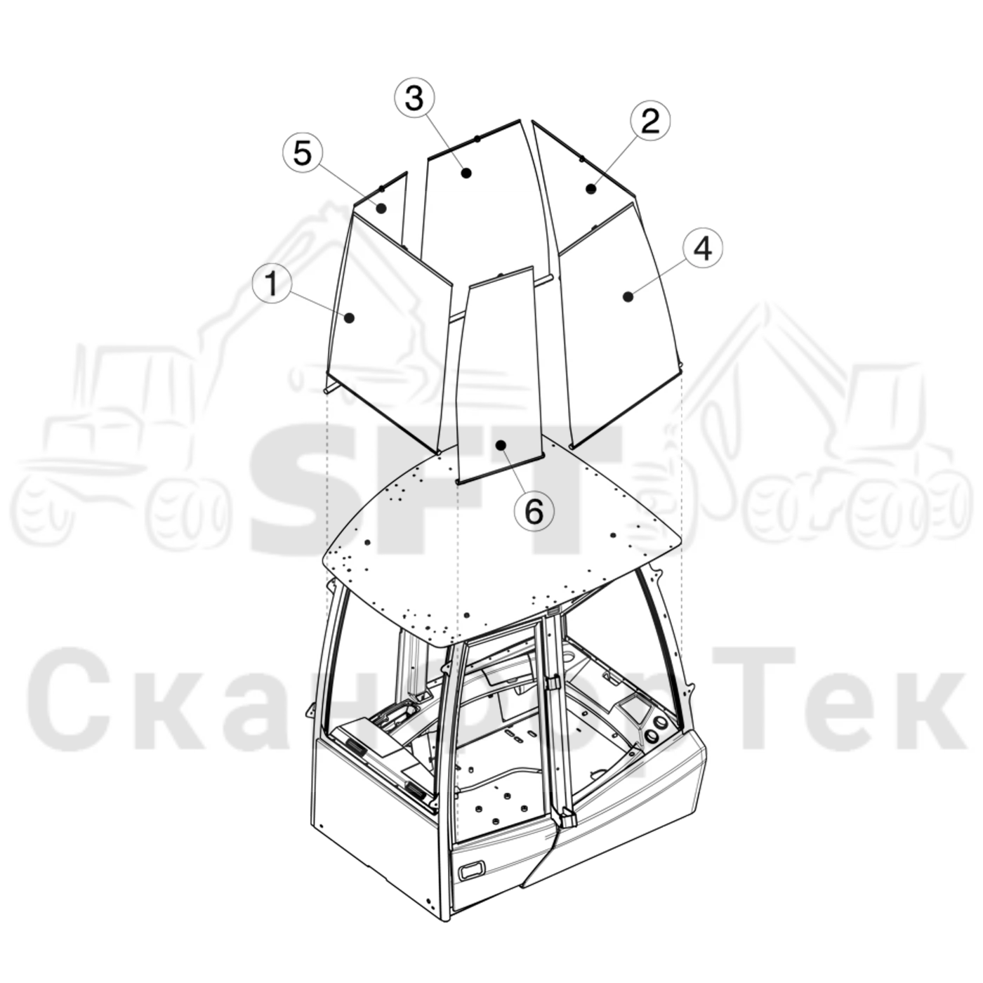 Схема: Komatsu / Форвардер / 855 / Каталог запасных частей / Кабина / Экраны / Солнцезащитный комплект / Солнцезащитный комплект / Солнцезащитный козырек