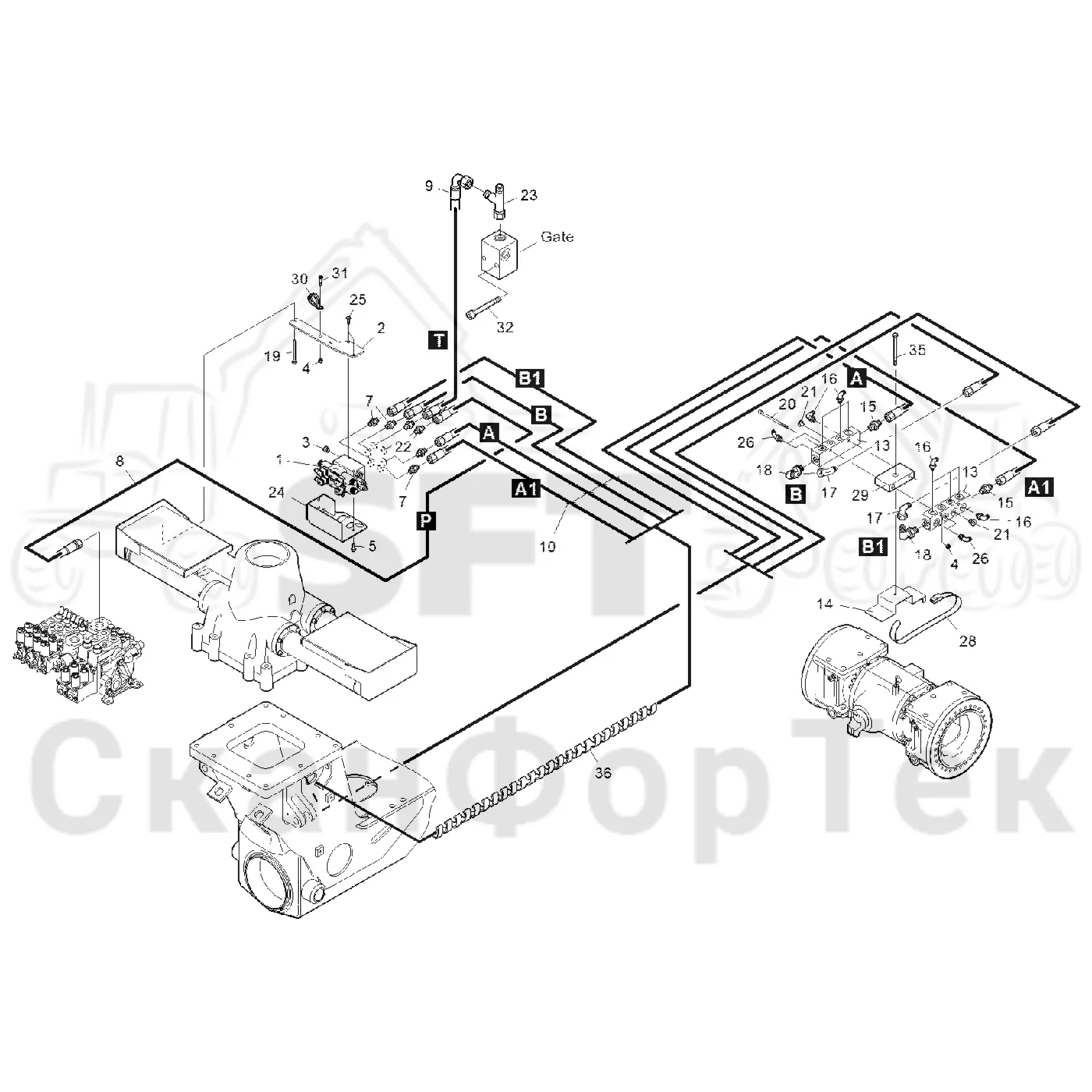 Схема: Komatsu / Форвардер / 865 / Каталог запасных частей / шасси / Зона погрузки / Коники и опоры / Опора Гидравлика / Опора Гидравлика
