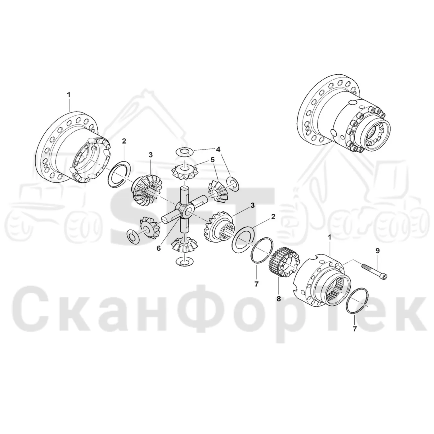 Схема: Komatsu / Форвардер / 865 / Каталог запасных частей / Коробка передач / Мост каретки / каретки / Дифференциал / Дифференциал