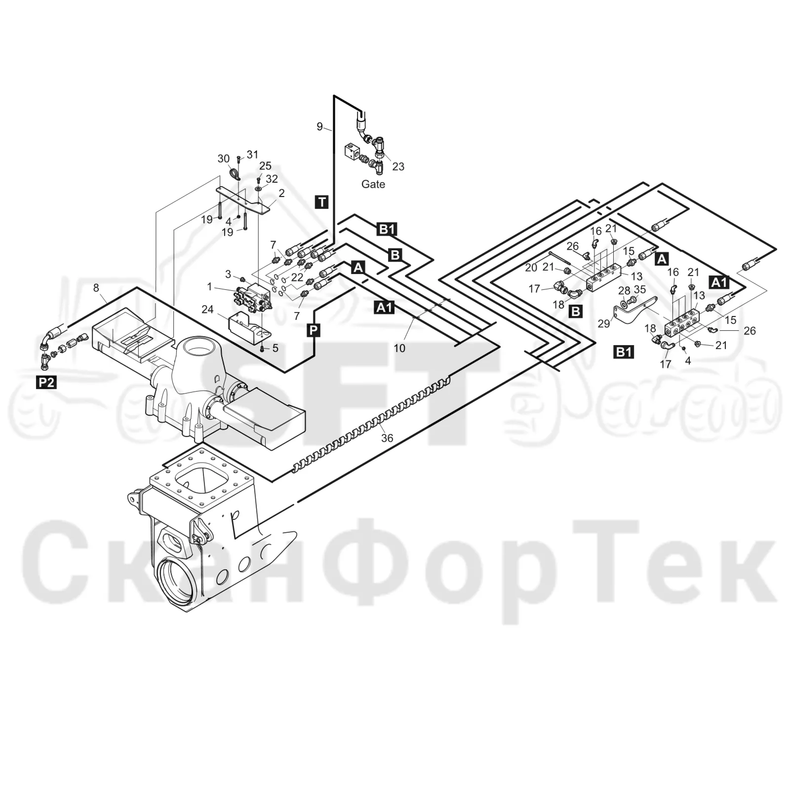 Схема: Komatsu / Форвардер / 895 / Каталог запасных частей / шасси / Зона погрузки / Коники и опоры / Коники LoadFlex III / 3 Опора Гидравлика