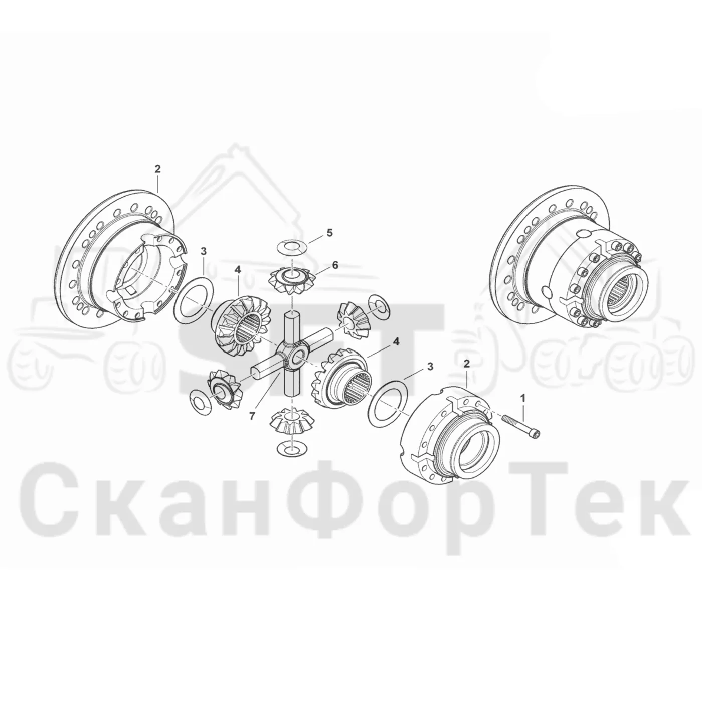 Схема: Komatsu / Форвардер / 895 / Каталог запасных частей / Коробка передач / Мост каретки / каретки / Дифференциал / Дифференциал