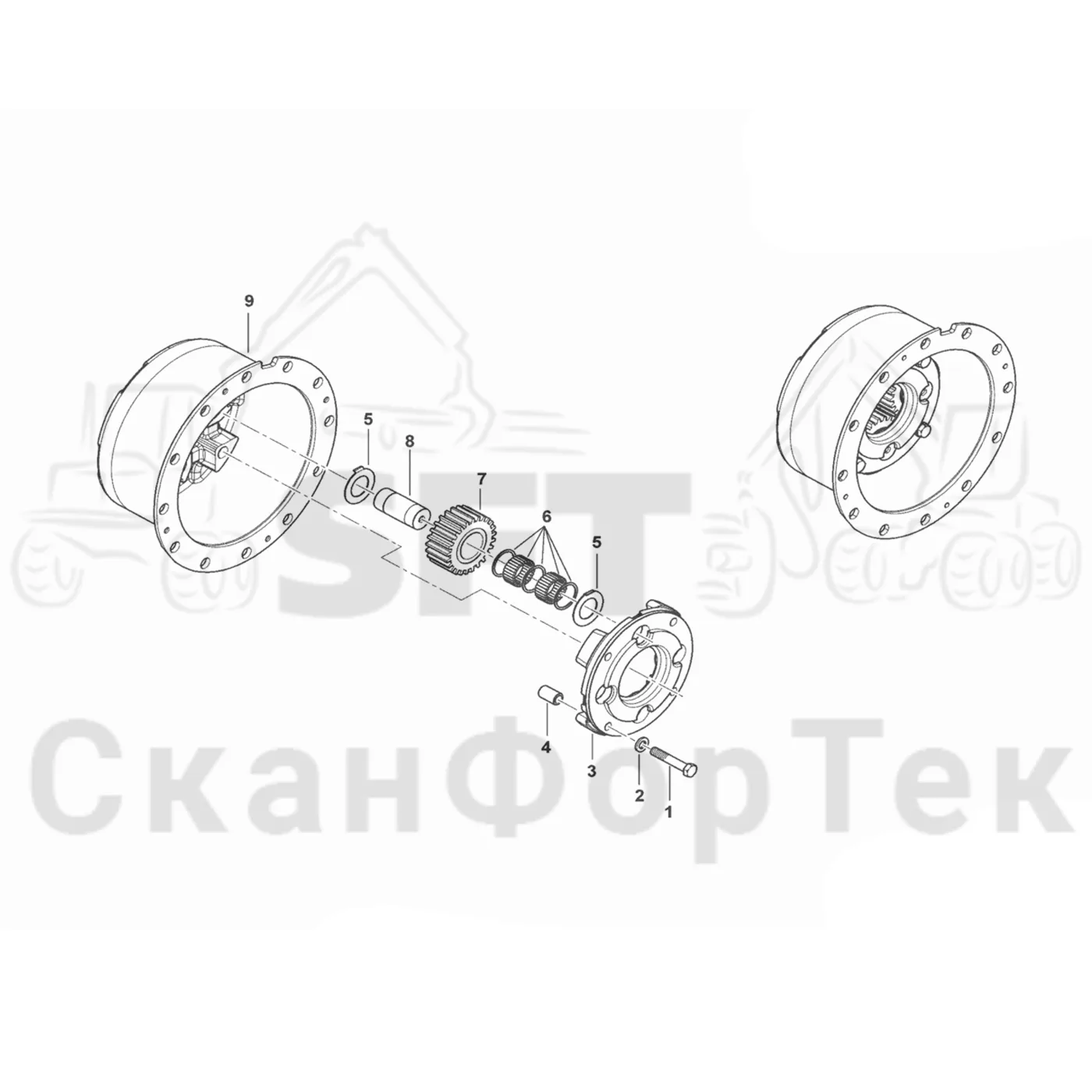 Схема: Komatsu / Форвардер / 895 / Каталог запасных частей / Коробка передач / Мост каретки / каретки / Редуктор ступицы / Планетарная зубчатая передача