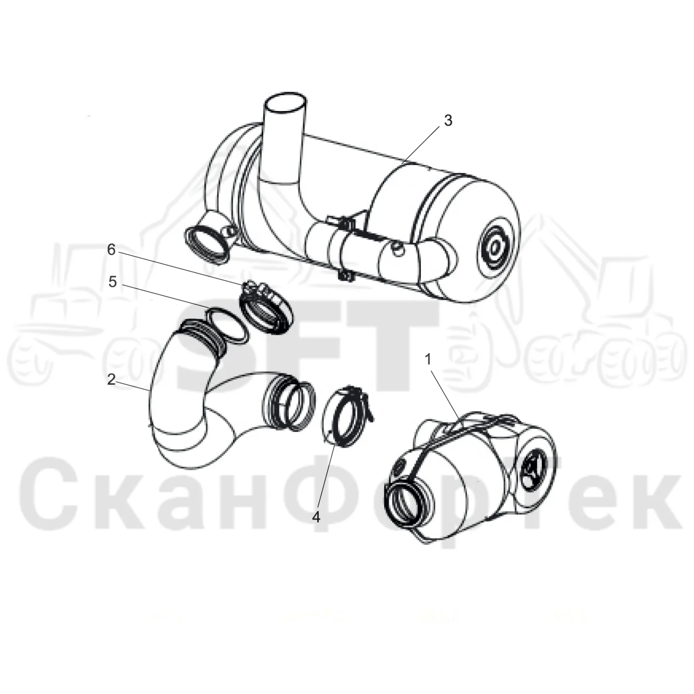 Схема: Komatsu / Форвардер / 835 / Каталог запасных частей / Двигатель / Впуск - выпуск / Выхлопная система / Выхлопная система / Каталитический преобразователь