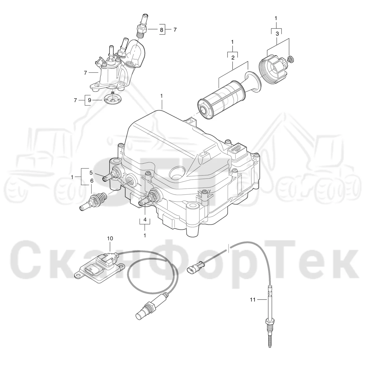Схема: Komatsu / Форвардер / 845 / Каталог запасных частей / Двигатель / Впуск - выпуск / Adblue®/DEF / Инжекторный насос Adblue®/DEF 8450000341- / Насосный агрегат