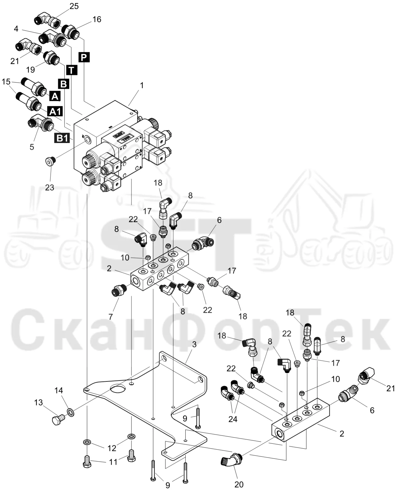 Схема: Komatsu / Форвардер / 875 S/N 8750000010- / Каталог запасных частей / шасси / Зона погрузки / Коники и опоры / Опора Гидравлика / Опора Гидравлика