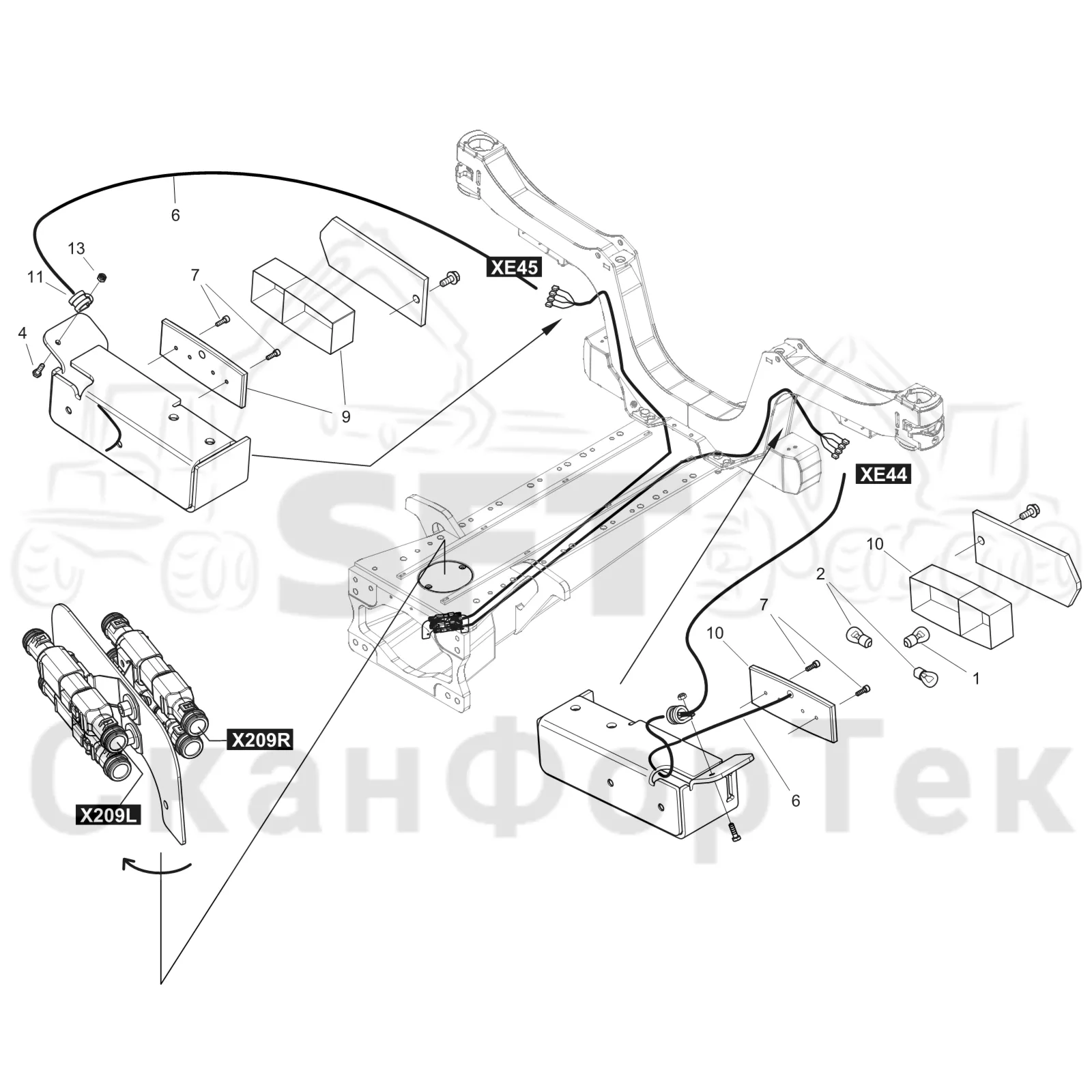 Схема: Komatsu / Форвардер / 895 S/N 8950011010- / Каталог запасных частей / шасси / Электрический Оборудование / Узел задних фонарей / Узел задних фонарей / Комплект электрооборудования